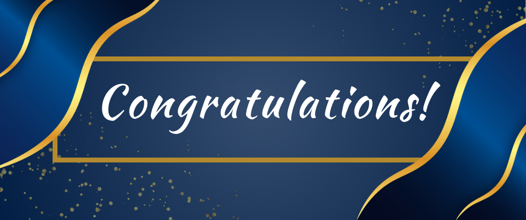 Decorative congratulations graphic with a dark blue background, flowing navy and royal blue shapes edged in gold, and scattered gold accents. Large white script in the center reads, “Congratulations!”
