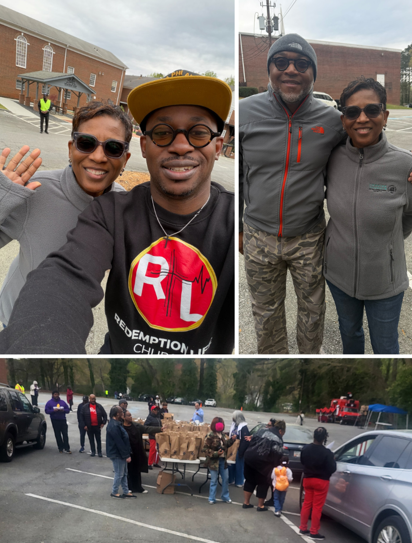 Photo collage from the 2026 GA State Conference Community Food Giveaway event. Top left: District 4 Chief of Staff Alesia Brooks takes a selfie outdoors with District 5 Chief of Staff Demetrius McCoy, who is wearing a yellow baseball cap and black sweatshirt, with a church building in the background. Top right: Brooks stands smiling with Bishop Tracy Boles, who is wearing a gray knit cap, in a parking lot. Bottom: volunteers and community members gather around tables distributing bagged food to people in a drive-up line of cars.