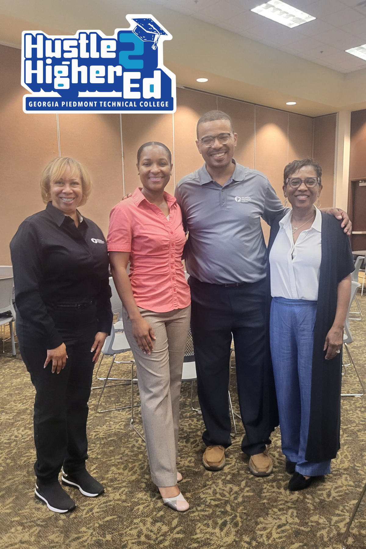 Four people stand together smiling at the “Hustle to Higher Education” event hosted by Georgia Piedmont Technical College. From left to right: Project Manager Michelle Byrdsong; Deputy Presiding Officer Dr. LaDena Bolton (Super District 7); Georgia Piedmont Technical College President Dr. Tavarez Holston; and District 4 Chief of Staff Alesia Brooks. A “Hustle 2 Higher Ed” Georgia Piedmont Technical College graphic appears in the top left, and the group stands in a meeting room with chairs and tables in the background.