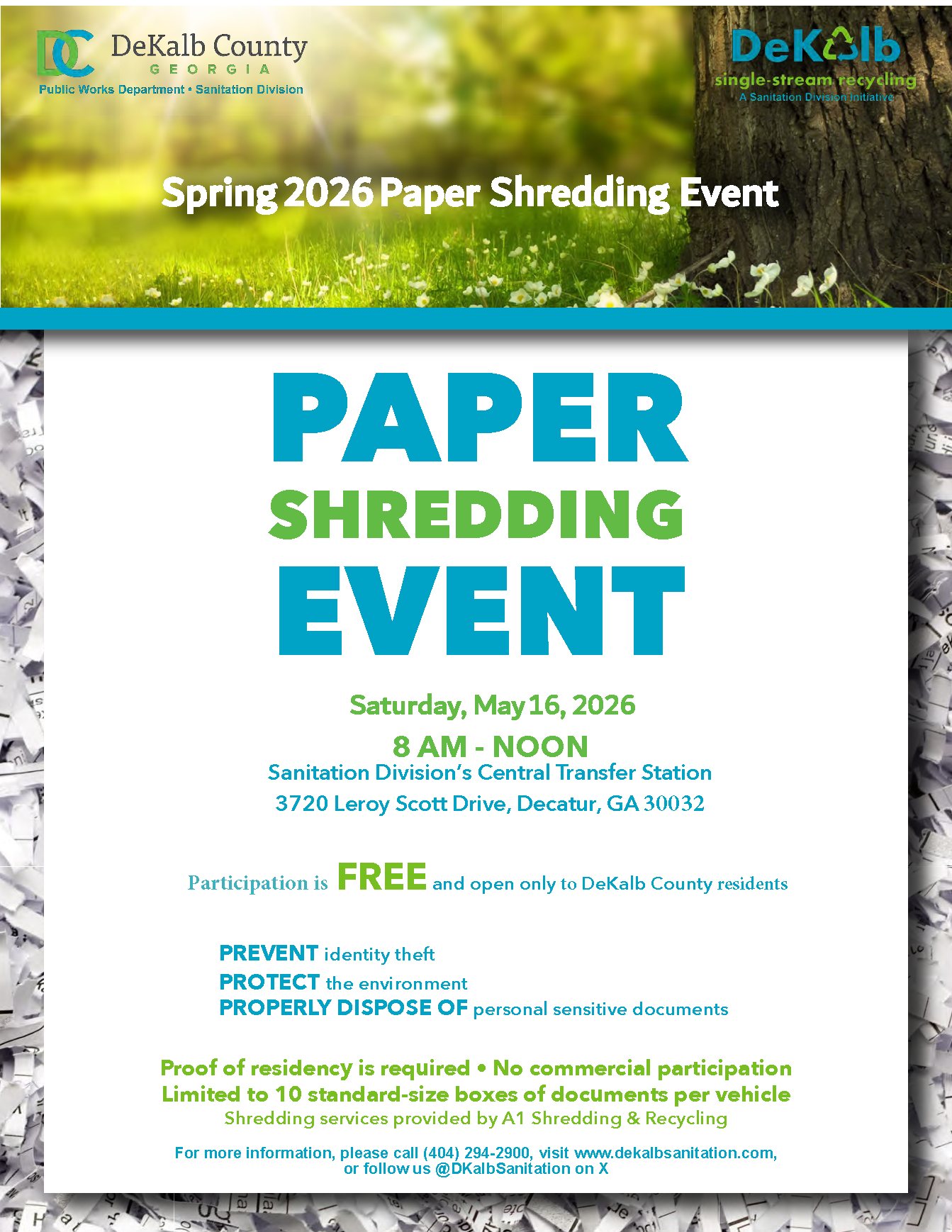 Flyer promoting DeKalb County’s Spring 2026 Paper Shredding Event on Saturday, May 16, 2026, from 8:00 AM to 12:00 PM at the Sanitation Division Central Transfer Station in Decatur, Georgia. The event is free and open to DeKalb County residents only, with proof of residency required. Participants may bring up to 10 standard-size boxes of documents per vehicle. Commercial participation is not allowed. For more information, call 404-294-2900 or visit www.dekalbsanitation.com