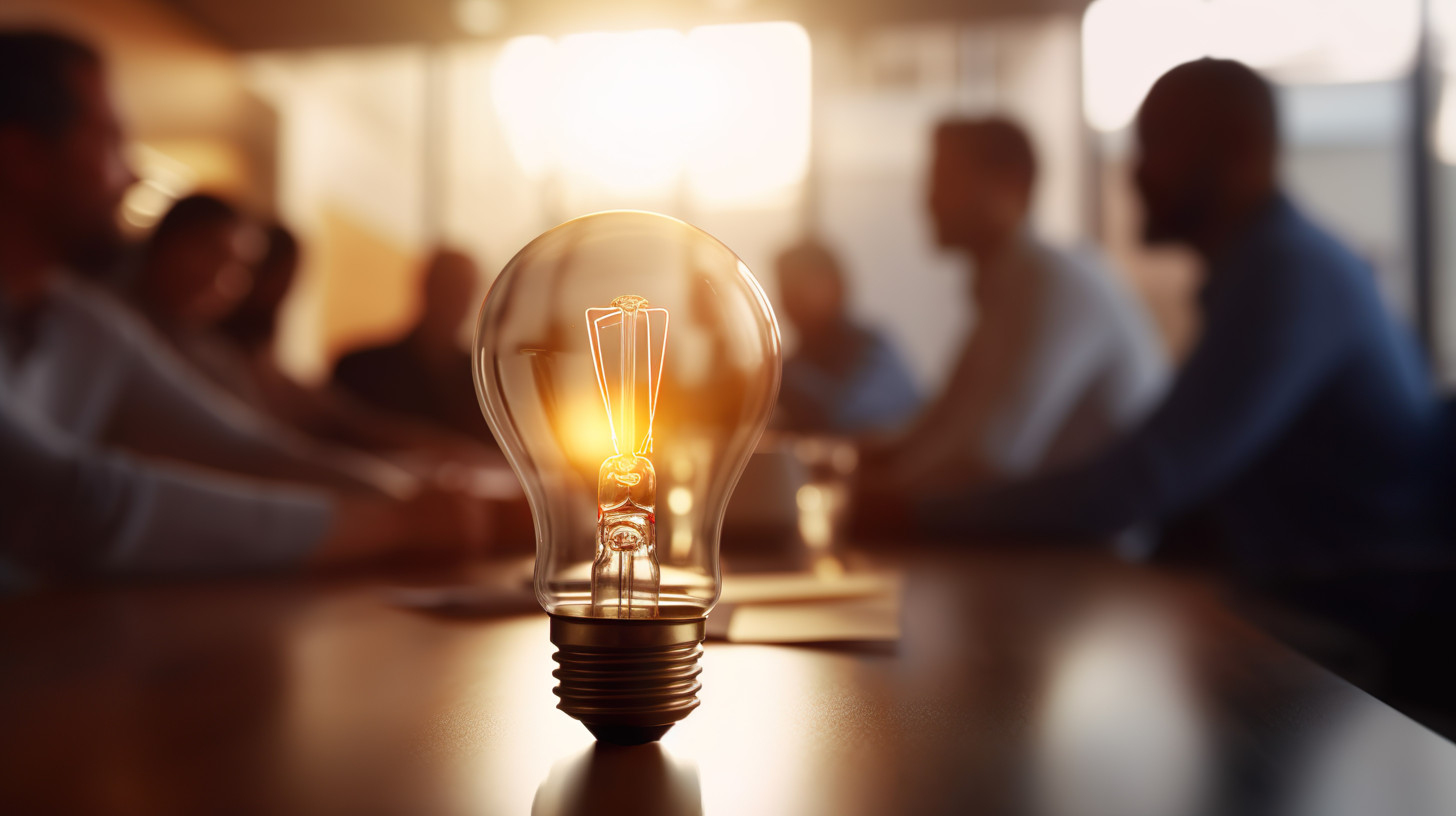 A lit light bulb sits on a table in the foreground with a blurred group discussion in the background, representing ideas and collaboration during a housing roundtable.