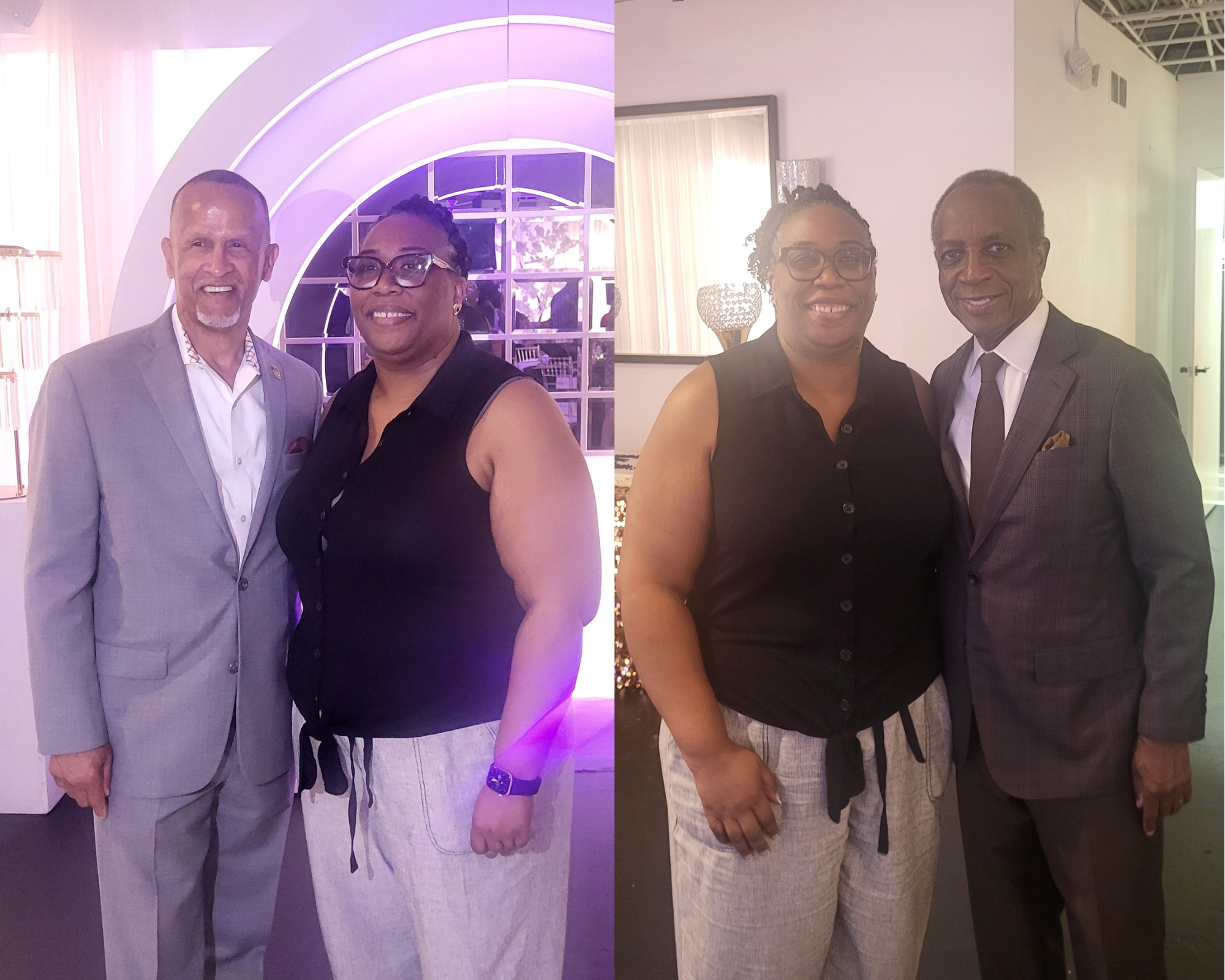Side-by-side photos: Left—Former DeKalb Tax Commissioner Irvin Johnson poses with Commissioner Chakira Johnson; Right—Commissioner Johnson poses with former DeKalb CEO Michael Thurmond at an indoor event.