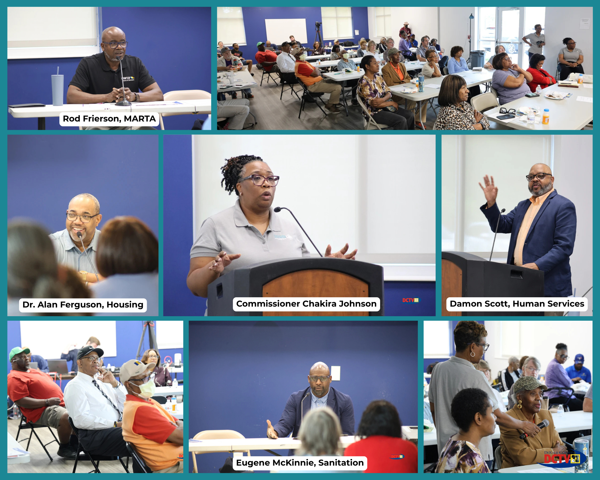 Photo collage from the April 18th, 2026 Community Connection Breakfast featuring Commissioner Chakira Johnson and county partners from MARTA, Housing, Sanitation, and Human Services speaking to residents, with attendees listening and participating in discussion.