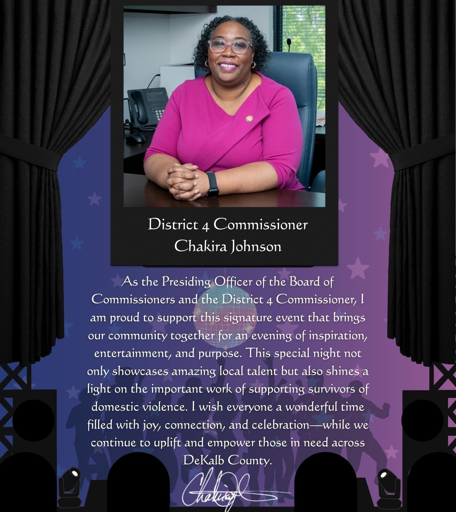 Graphic of Commissioner Chakira Johnson with a written message expressing support for Dancing with the DeKalb Stars, highlighting community connection and support for survivors of domestic violence in DeKalb County.