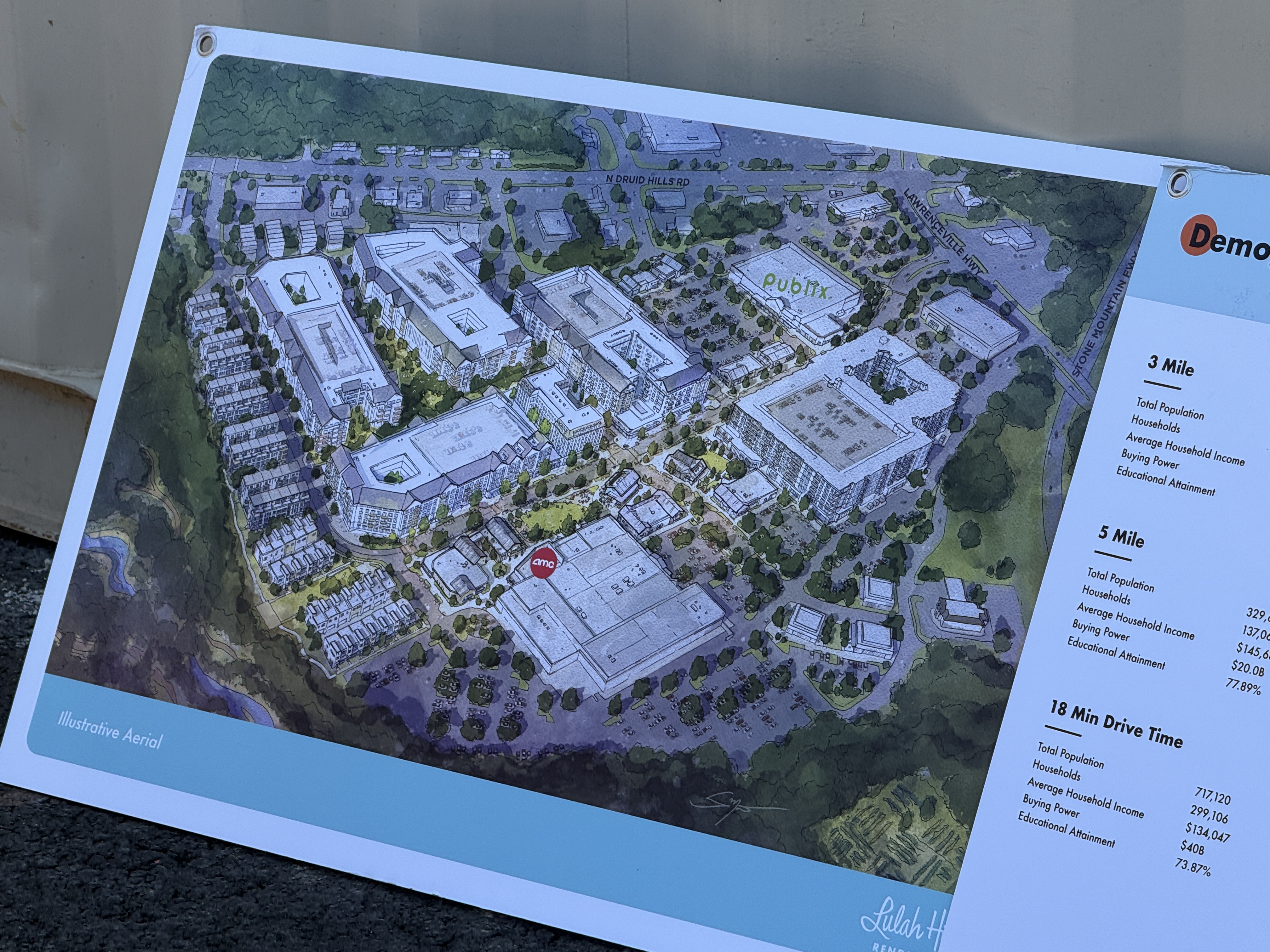 Illustrated aerial rendering of the future Lulah Hills mixed-use development planned for the former North DeKalb Mall site. The rendering shows residential buildings, retail spaces, green areas, parking, and a labeled Publix and AMC theater within the redevelopment plan.