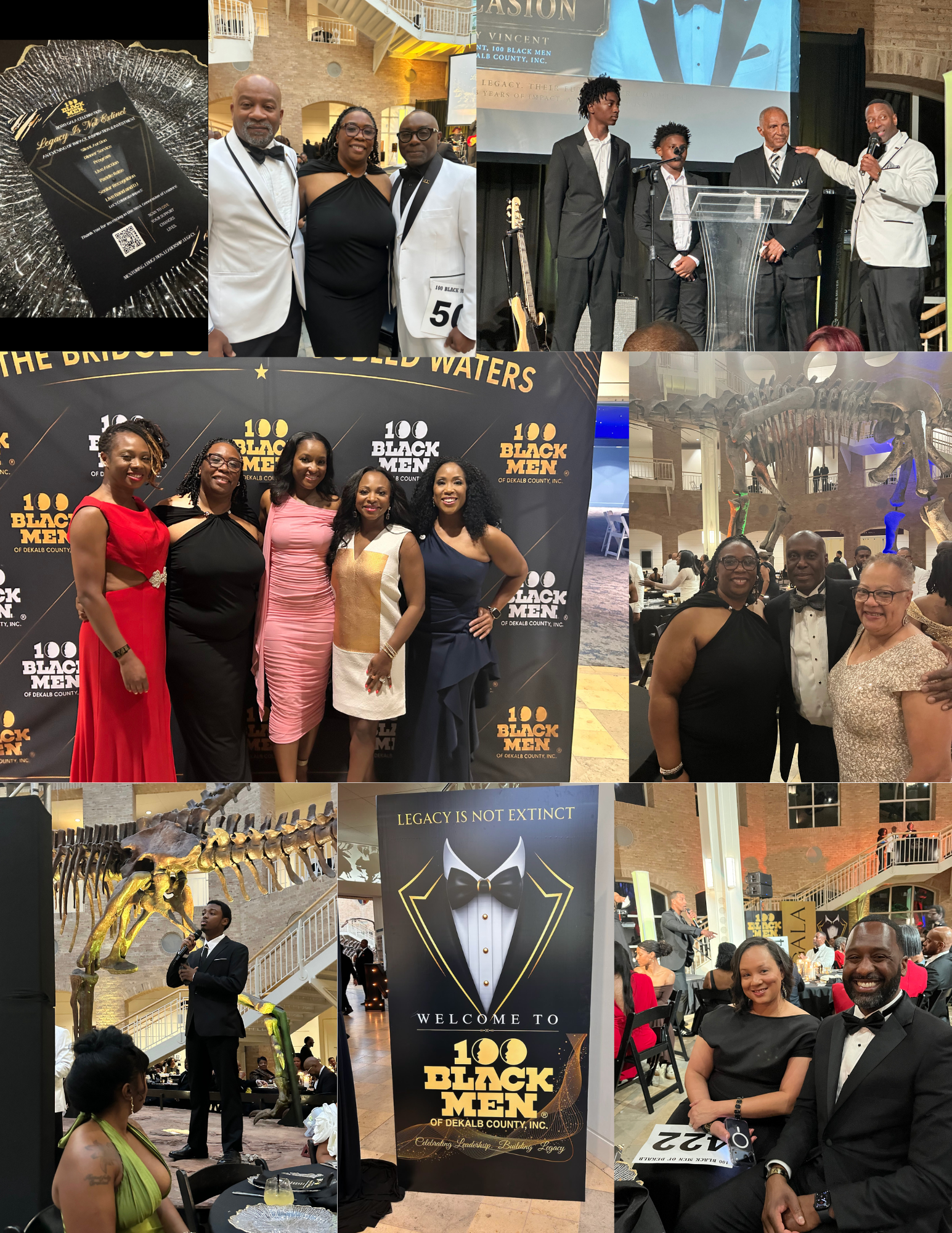 Collage of photos from the 100 Black Men of DeKalb Annual Gala, “The Legacy Is Not Extinct… The Future Is Alive.” Images show attendees in formal attire posing for photos, speakers addressing the audience, event signage, award programs, and scenes from the gala venue, including a large dinosaur exhibit display inside the event space.