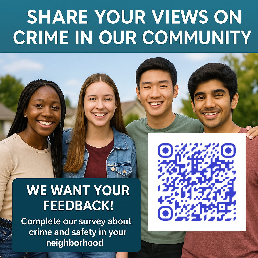 Flyer encouraging DeKalb County residents to share feedback about crime and safety in their community. The flyer features four smiling young adults standing together outdoors. Large text at the top reads “Share Your Views on Crime in Our Community.” Additional text states: “We want your feedback! Complete our survey about crime and safety in your neighborhood.” A QR code is included linking residents to the community survey. Survey link: https://bit.ly/4tBHMXo