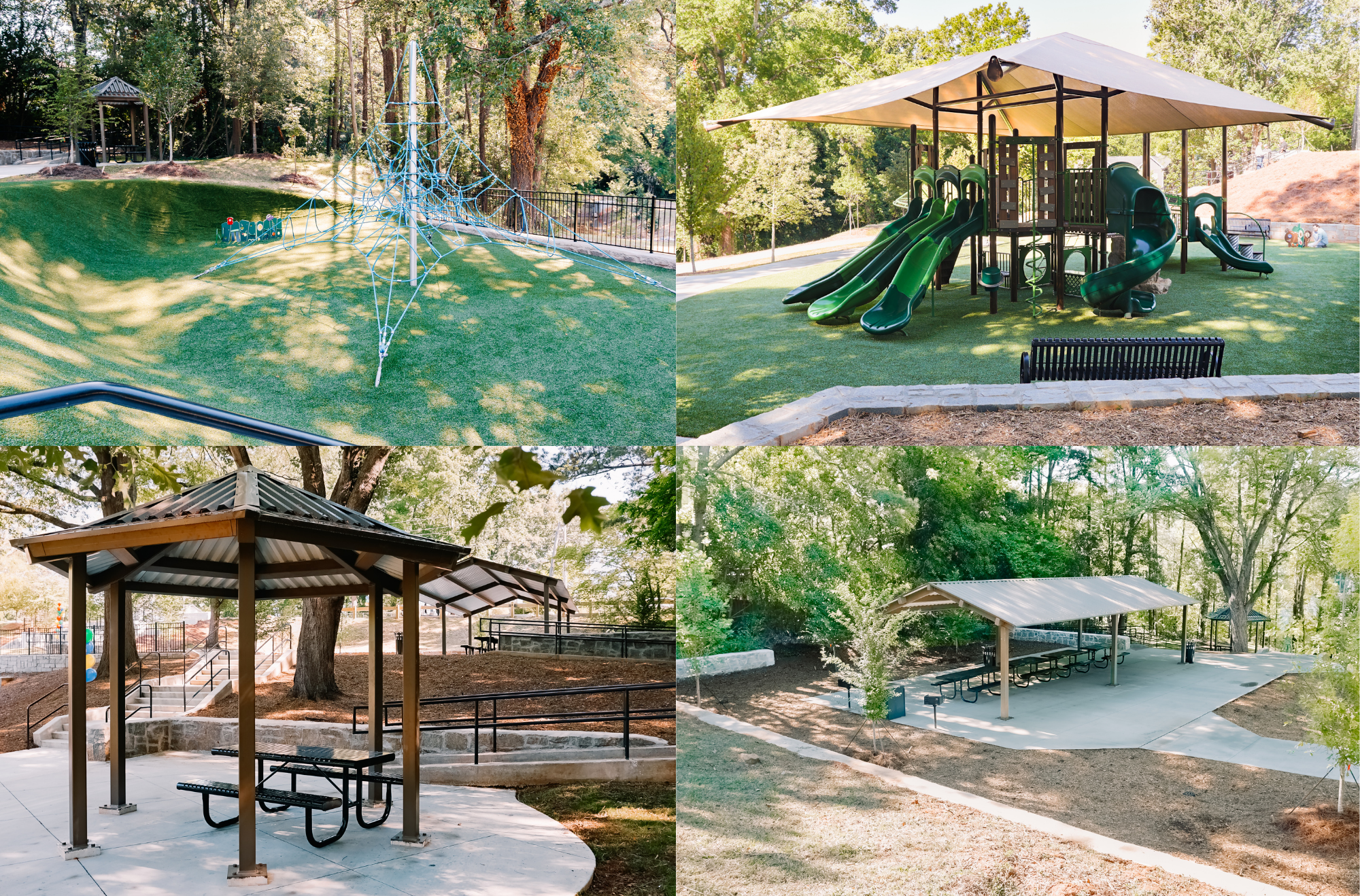 Four-photo collage showing improvements at Cedar Park. Images include a rope climbing structure, a playground with green slides, a covered picnic pavilion with tables, and an outdoor gathering area surrounded by trees and landscaping.