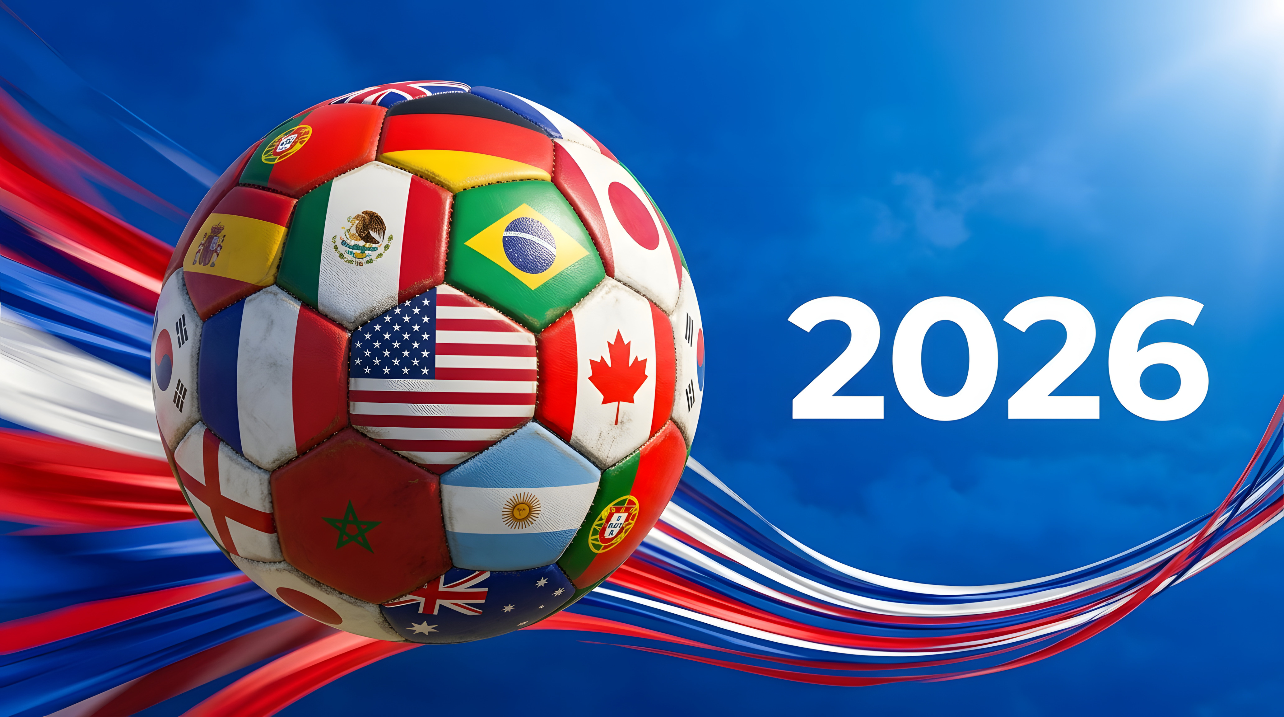 Graphic featuring a soccer ball covered in international flags against a blue background with flowing red, white, and blue ribbon-like streaks. Large white text reads “2026.” Flags visible on the soccer ball include the United States, Canada, Mexico, Brazil, Japan, South Korea, Germany, England, Australia, Morocco, Argentina, Portugal, and others, suggesting an international soccer or FIFA-related theme.