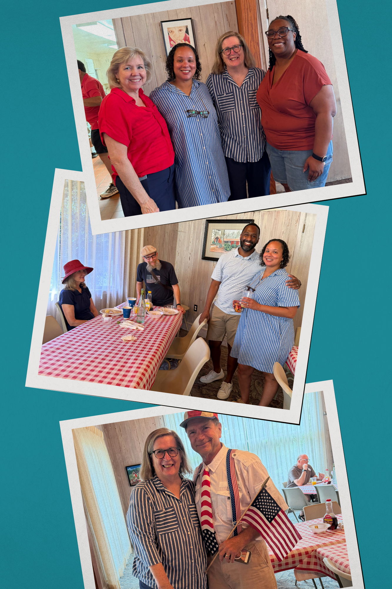 Collage of photos from the Stone Mountain Historical Society's Annual Pancake Breakfast featuring Commissioner Chakira Johnson visiting with community members and attendees inside the Stone Mountain Woman's Club during the Independence Day event.