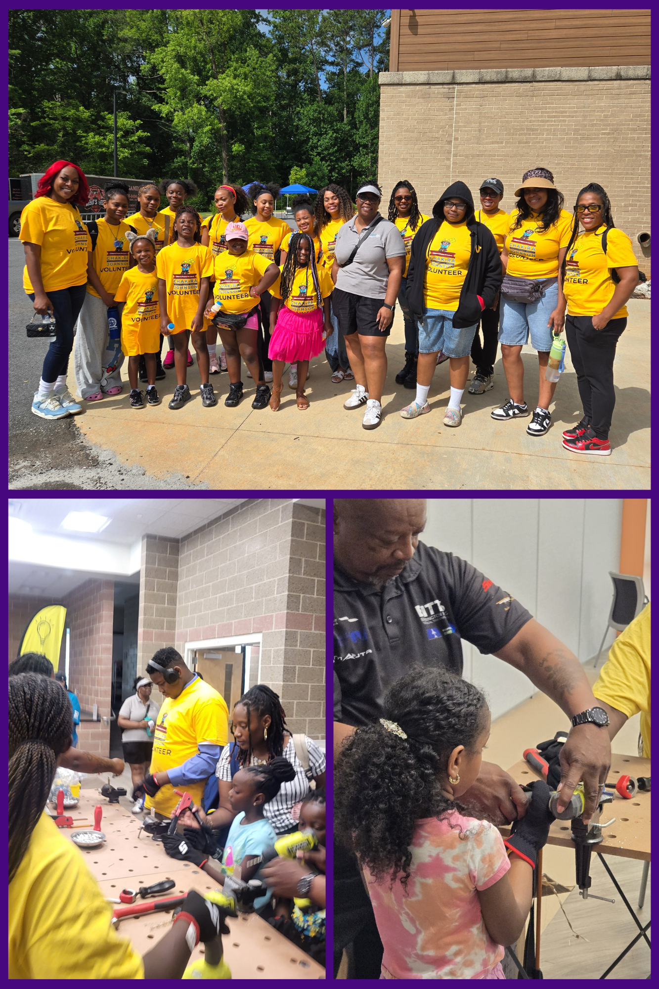 Collage of photos from Chakira's Cookout: Full STEAM Ahead. The top image shows volunteers wearing bright yellow event T-shirts gathered for a group photo outside the event. The lower images show children participating in a hands-on STEAM activity led by instructors from community partner Bitts Barrington Technical Training School.