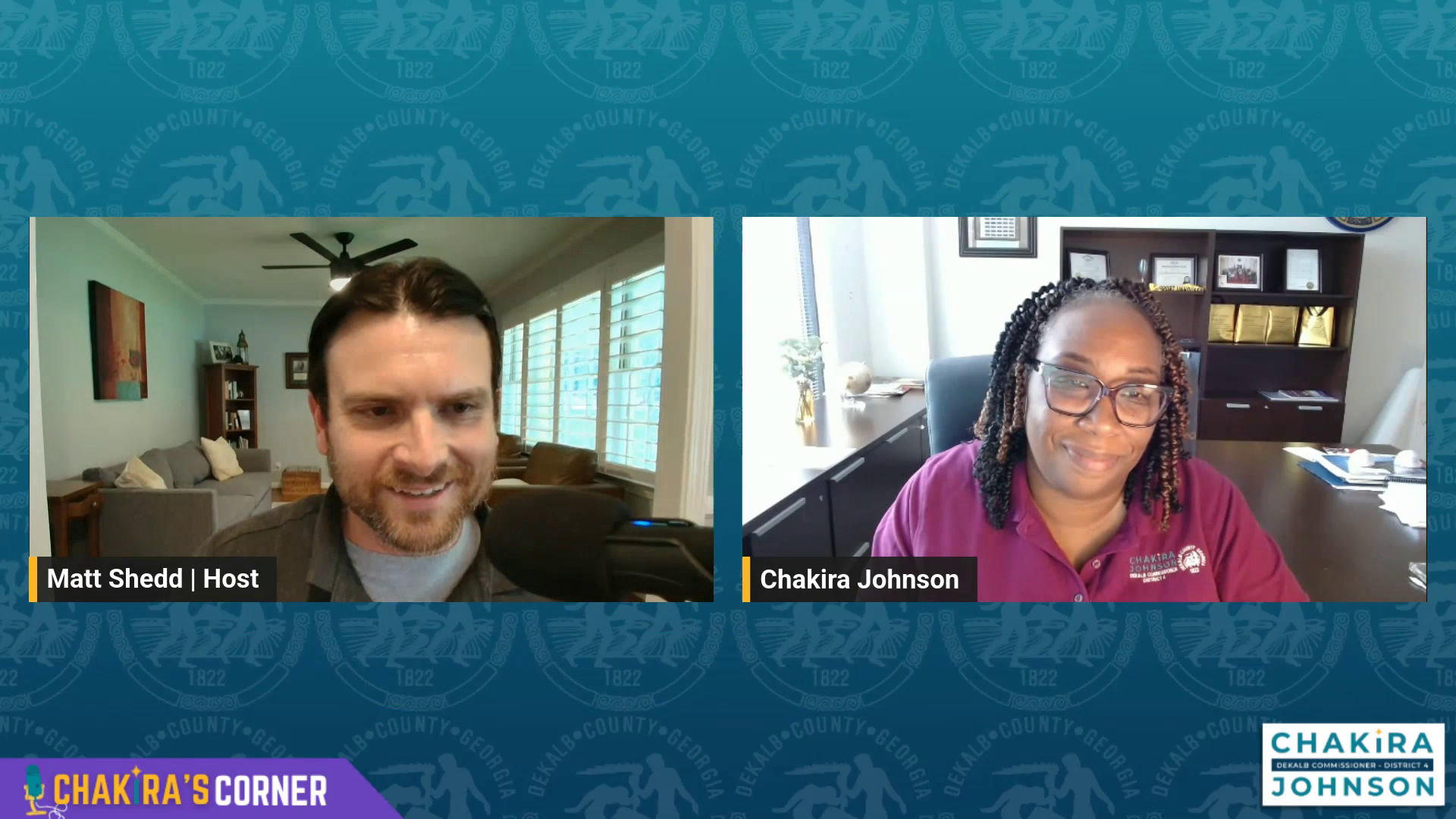 Video thumbnail for a special mid-year episode of Chakira's Corner featuring host Matt Shedd and Presiding Officer Commissioner Chakira Johnson in a split-screen virtual interview. The episode highlights progress across District 4's five focus areas, including housing, infrastructure, youth development, Memorial Drive revitalization, and community connections.