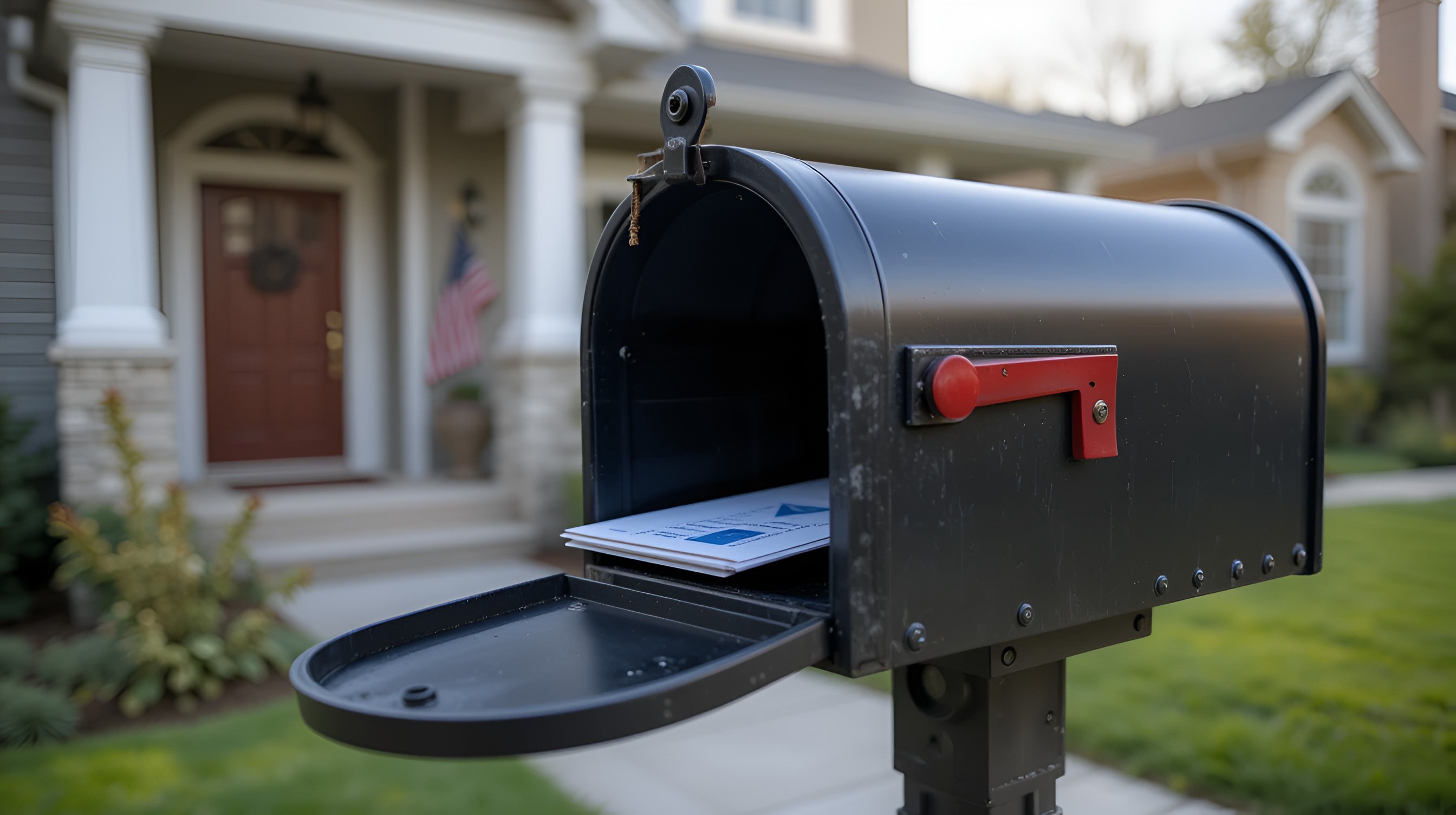 An open residential mailbox with mail inside in front of a home, representing the mailing of annual property tax bills. Use the buttons below to read the official press release or visit DeKalbTax.org for additional information.