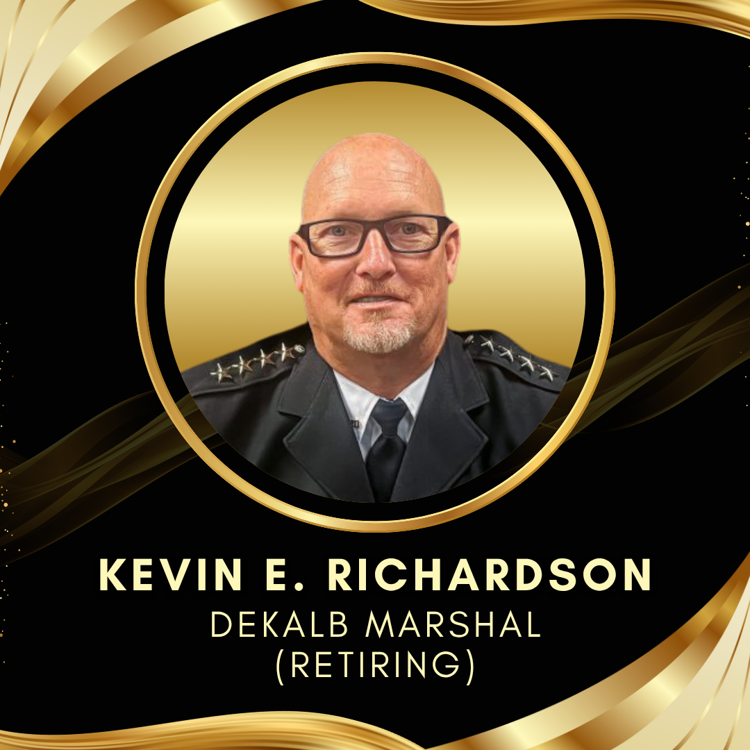 Portrait graphic recognizing the retirement of DeKalb County Marshal Kevin E. Richardson on a black background with gold ribbon-like accents.