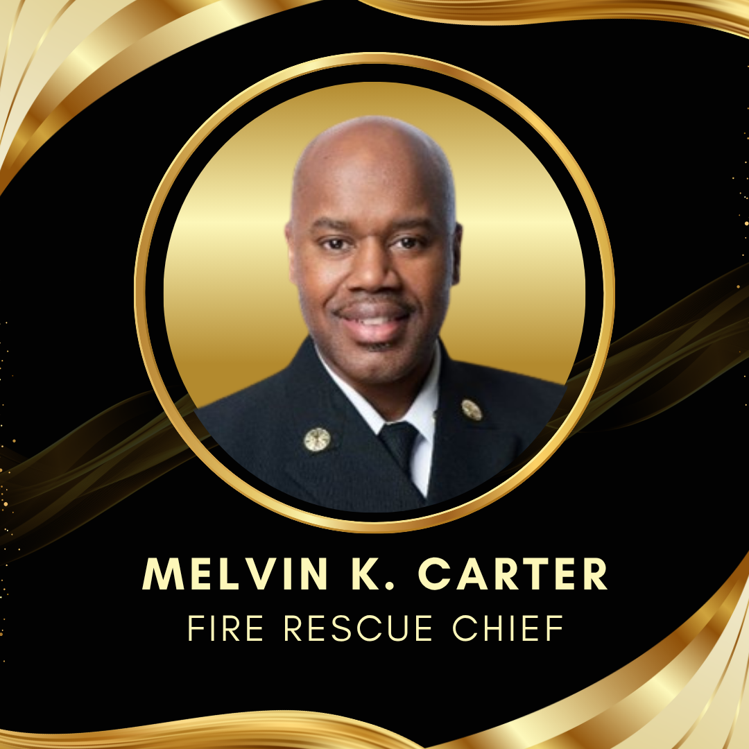 Portrait graphic announcing Melvin K. Carter as DeKalb County Fire Rescue Chief on a black background with gold ribbon-like accents.