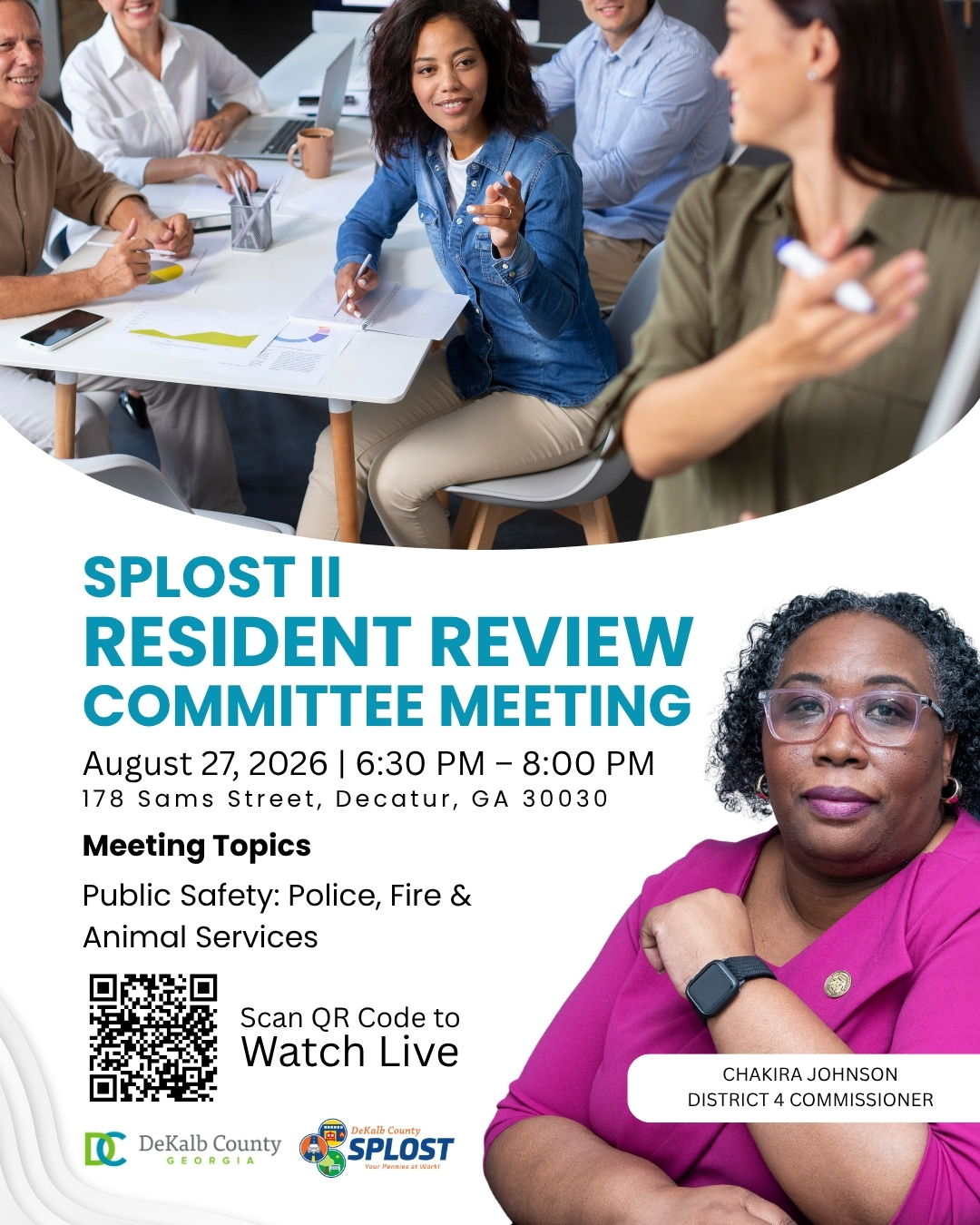 Promotional graphic for the DeKalb County SPLOST II Resident Review Committee meeting on August 27, 2026, from 6:30–8:00 pm at 178 Sams Street in Decatur. The meeting will focus on public safety, including police, fire, and animal services. Presiding Officer Commissioner Chakira Johnson is featured on the graphic.