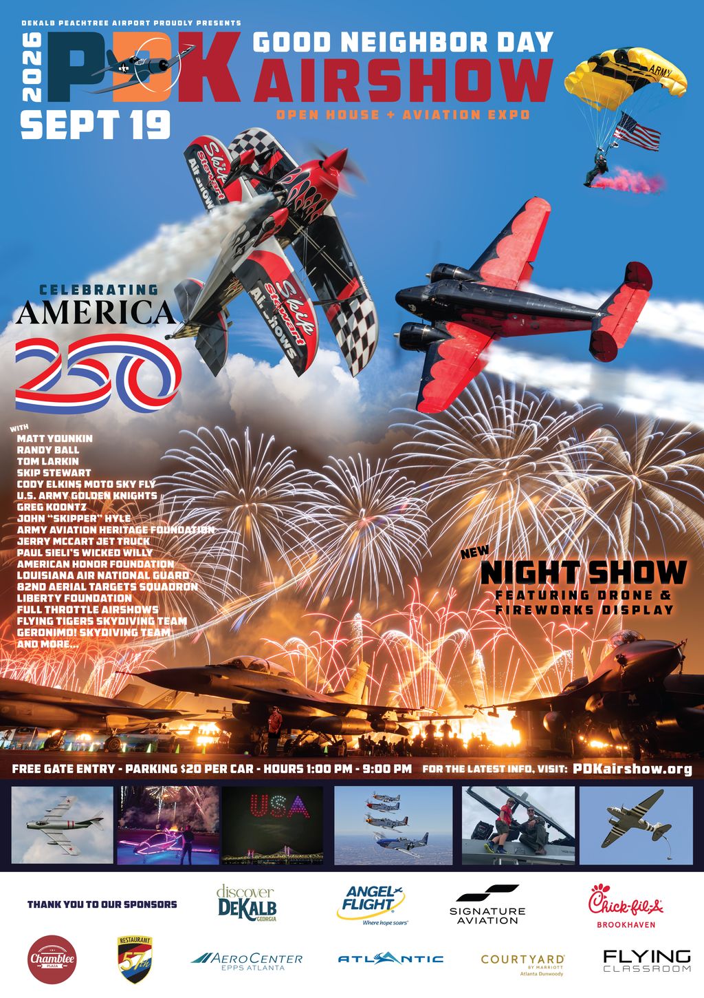 Colorful PDK Good Neighbor Day Airshow flyer featuring dramatic aviation scenes against a bright blue sky and a nighttime fireworks display. Two aerobatic planes bank sharply through the air, including a red-and-black stunt plane trailing white smoke, while a parachutist descends beneath a yellow U.S. Army canopy carrying a large American flag. Below, military aircraft are silhouetted against an explosion of gold, red and white fireworks. Smaller photos along the bottom show aircraft formations, illuminated nighttime performances, skydivers and other aviation displays. The flyer promotes the September 19 event celebrating America’s 250th anniversary. Click the image or use the button below to visit PDKAirShow.org.