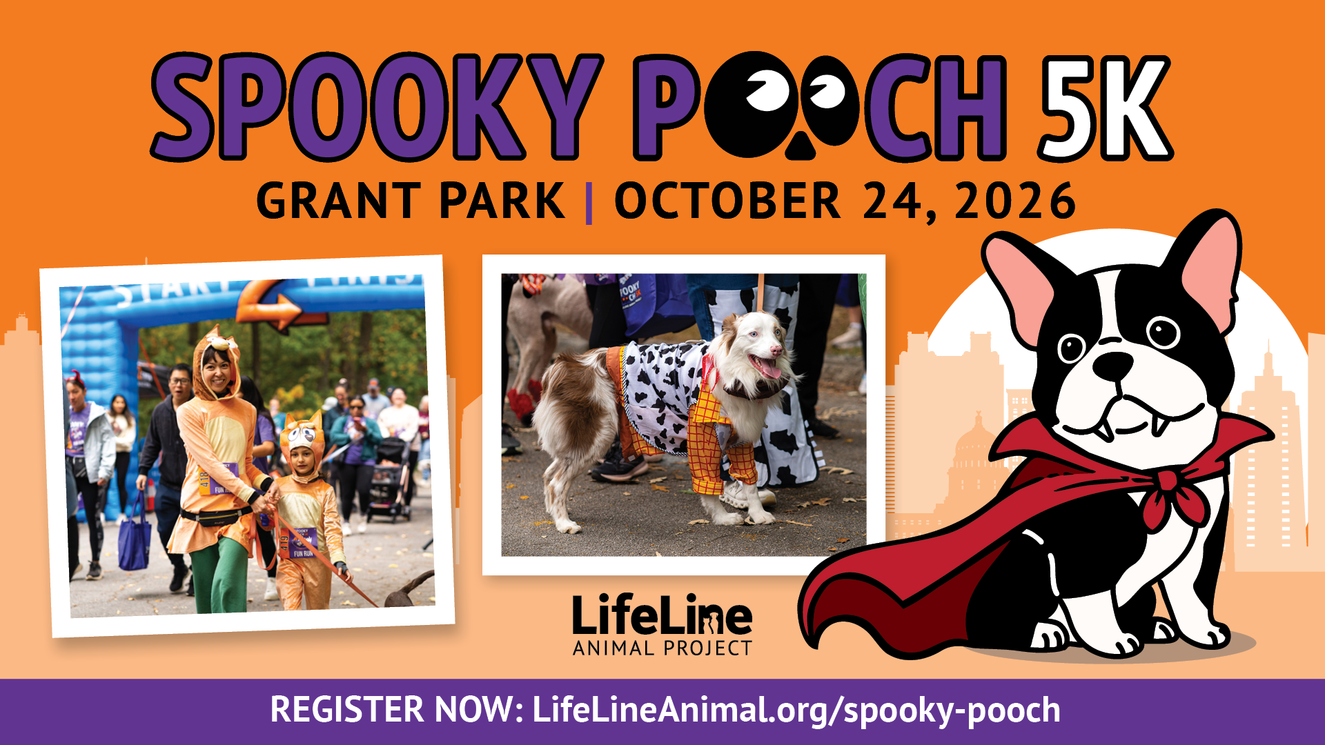 Colorful promotional graphic for LifeLine Animal Project’s Spooky Pooch 5K at Grant Park on October 24, 2026. The design features photos of costumed participants and a dog dressed in a playful costume, alongside a cartoon black-and-white dog wearing a red vampire cape. Registration information appears at the bottom of the graphic. Register at LifeLineAnimal.org/spooky-pooch or click the image or the button below.