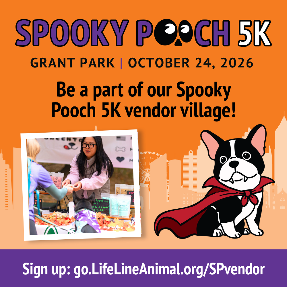 Promotional graphic inviting businesses and organizations to participate in the Spooky Pooch 5K vendor village at Grant Park on October 24, 2026. The orange-and-purple design features a photo of a vendor interacting with an attendee and dog, alongside a cartoon black-and-white dog wearing a red vampire cape against an Atlanta skyline. Vendor sign-up information appears at the bottom of the graphic. Sign up at go.LifeLineAnimal.org/SPvendor or click the image or the button below.