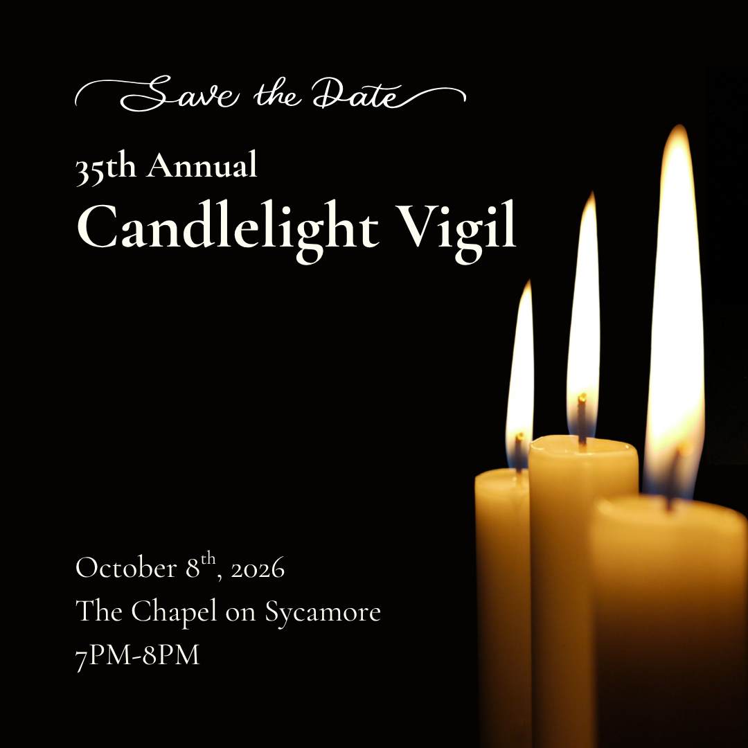Save-the-date graphic for the Women’s Resource Center to End Domestic Violence’s 35th Annual Candlelight Vigil on October 8, 2026, from 7–8 pm at The Chapel on Sycamore. The design features three glowing candles against a black background, creating a solemn memorial atmosphere. Use the button below to visit WRCDV.org for additional event information.