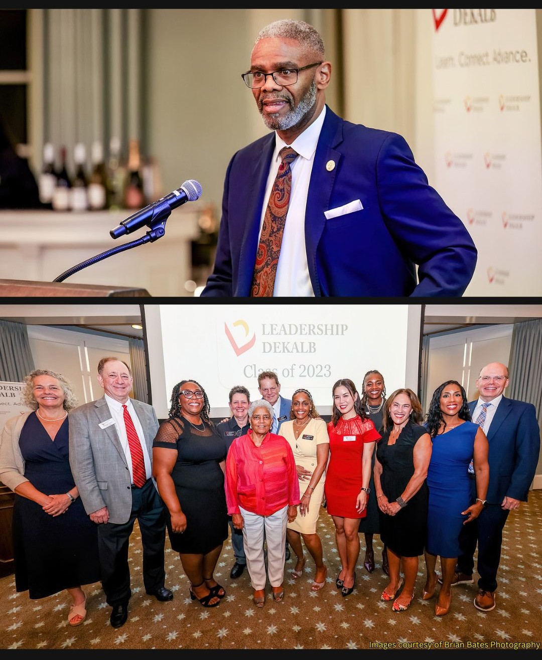 Two-photo collage from Leadership DeKalb’s Annual Dinner. In the top image, DeKalb County Chief Operating Officer Zachary Williams speaks at a podium after being recognized with the 2026 Distinguished Alumni Award. In the bottom image, Presiding Officer Commissioner Chakira Johnson and former Atlanta Mayor Shirley Franklin stand among a larger group of Leadership DeKalb attendees.