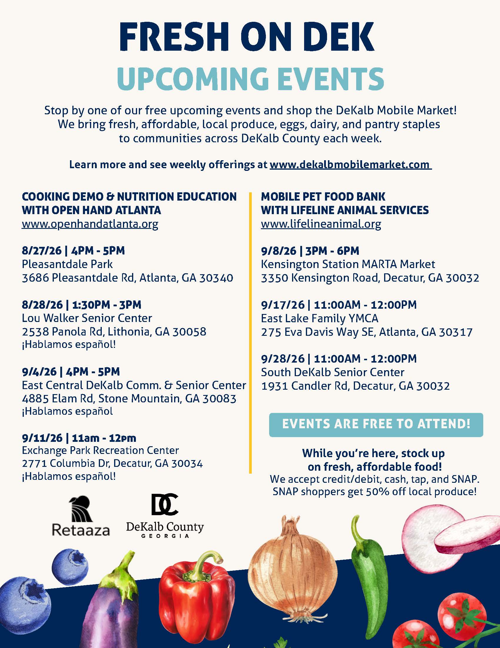 A Fresh on DeK upcoming events flyer highlighting free cooking demonstrations and nutrition education with Open Hand Atlanta, plus mobile pet food bank events with LifeLine Animal Services at locations throughout DeKalb County. The flyer also notes that the DeKalb Mobile Market offers fresh, affordable produce, eggs, dairy and pantry staples, accepts SNAP, and provides SNAP shoppers 50% off local produce. Select the image to view the full PDF with event dates, times, locations and additional details.