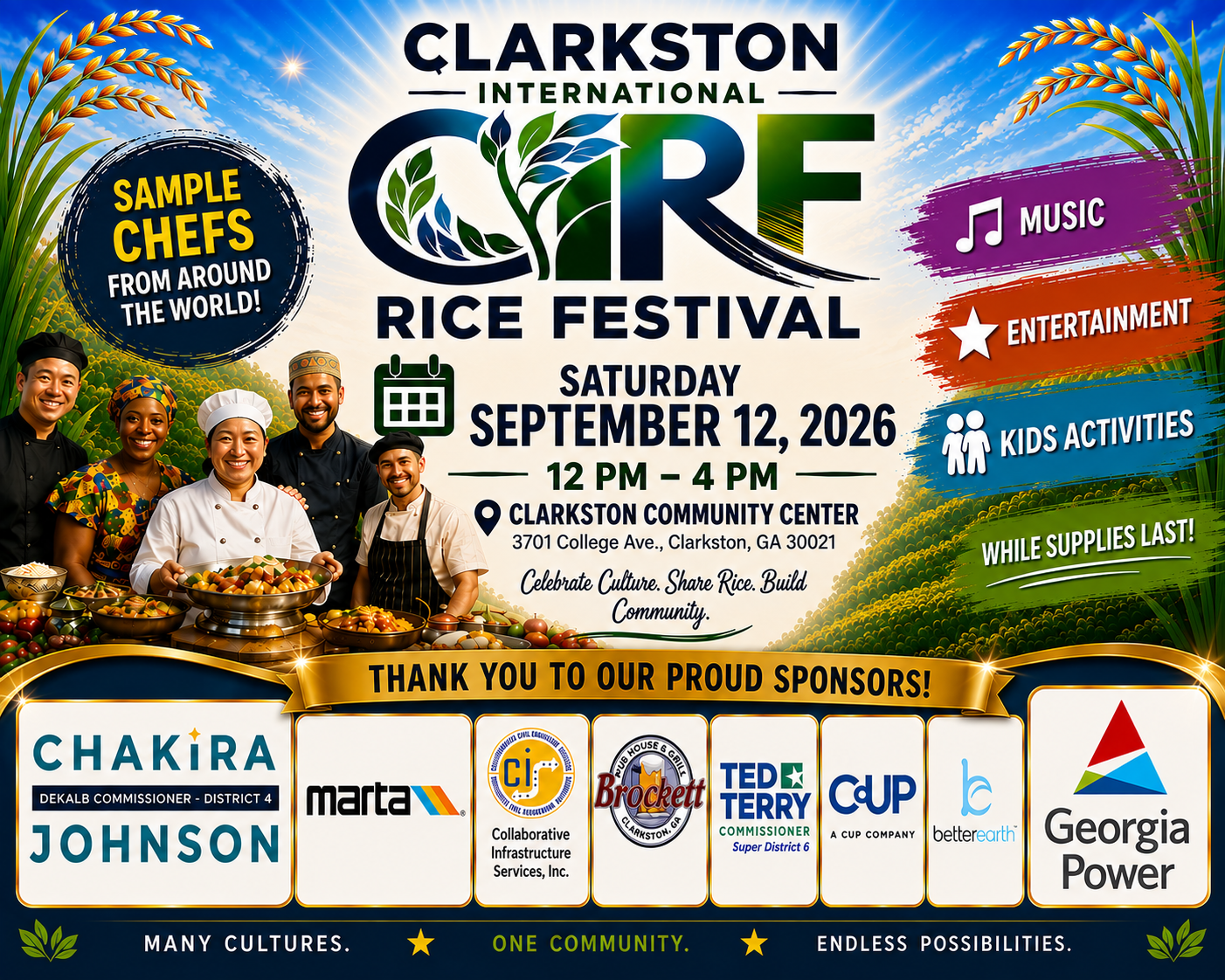 Flyer for the Clarkston International Rice Festival on Saturday, September 12, 2026, from noon–4 pm at the Clarkston Community Center, 3701 College Ave., Clarkston, GA 30021. The festival celebrates culture, rice and community. The design features golden rice stalks framing the event information against a blue-and-green landscape. For questions, contact Christin Taylor at ctaylor@cityofclarkston.com or 678-956-6444.