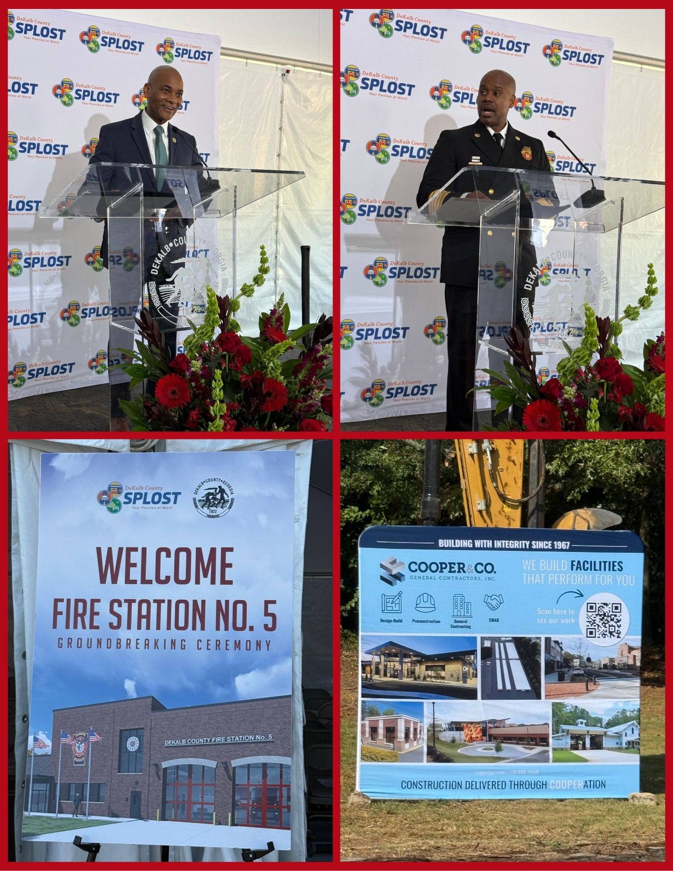 Four-photo collage from the DeKalb County Fire Station No. 5 groundbreaking. Director of Public Safety Darnell Fullum and Fire Rescue Chief Melvin K. Carter speak from a podium in front of a DeKalb County SPLOST backdrop. Additional photos show a rendering of the future Fire Station No. 5 and project signage beside construction equipment.