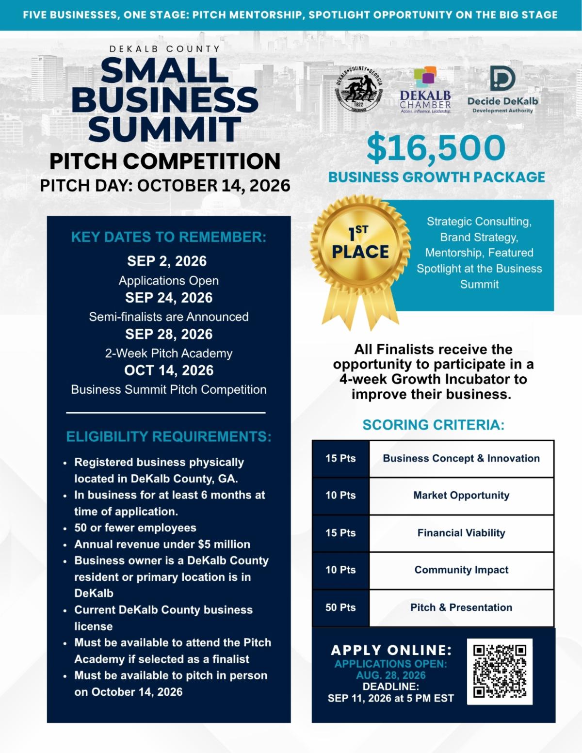 DeKalb County Small Business Summit Pitch Competition flyer promoting a $16,500 business growth package. Pitch Day is Oct. 14, 2026. Eligible businesses must be physically located in DeKalb County, have operated for at least six months, have 50 or fewer employees, earn under $5 million annually, hold a current DeKalb County business license, and be available for the Pitch Academy and in-person competition. Finalists receive access to a four-week Growth Incubator, while the first-place package includes strategic consulting, brand strategy, mentorship and a featured spotlight at the Business Summit. The application deadline is Sept. 11, 2026, at 5pm ET. The flyer includes a QR code to apply online and logos for DeKalb County, the DeKalb Chamber and Decide DeKalb.