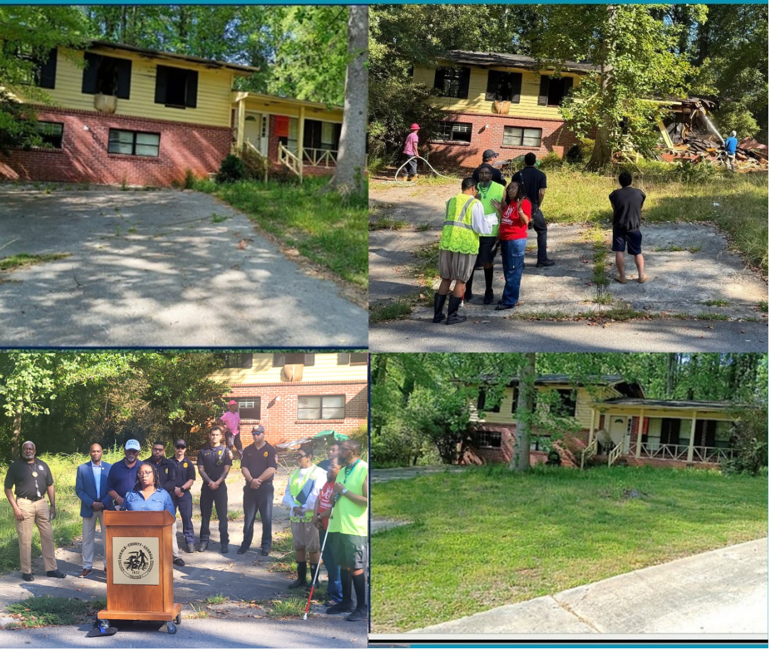 Four-photo collage documenting the demolition of a blighted home at 447 Martindale Court. Images show the vacant two-story brick-and-yellow house before demolition, heavy equipment tearing into the structure, Presiding Officer Commissioner Chakira Johnson speaking at a DeKalb County podium with County personnel gathered behind her, and another view of the property before demolition.