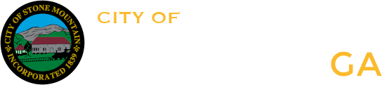 City of Stone Mountain logo featuring the city seal beside the words “City of Stone Mountain, GA” in gold and white lettering on a black background.