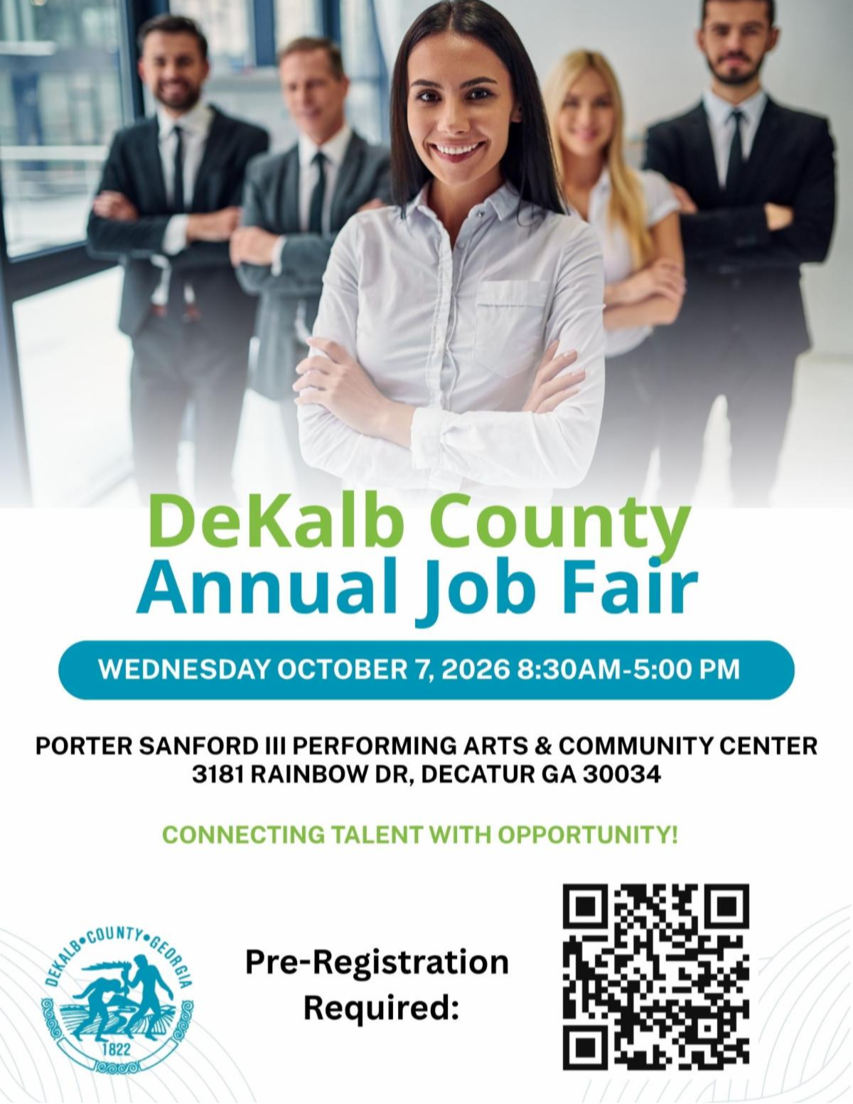 DeKalb County Annual Job Fair flyer promoting employment opportunities with the County. The job fair will be held Wednesday, Oct. 7, 2026, from 8:30am–5pm at the Porter Sanford III Performing Arts & Community Center, 3181 Rainbow Dr., Decatur, GA 30034. The flyer reads “Connecting Talent with Opportunity!” and notes that pre-registration is required. A QR code is included for registration.