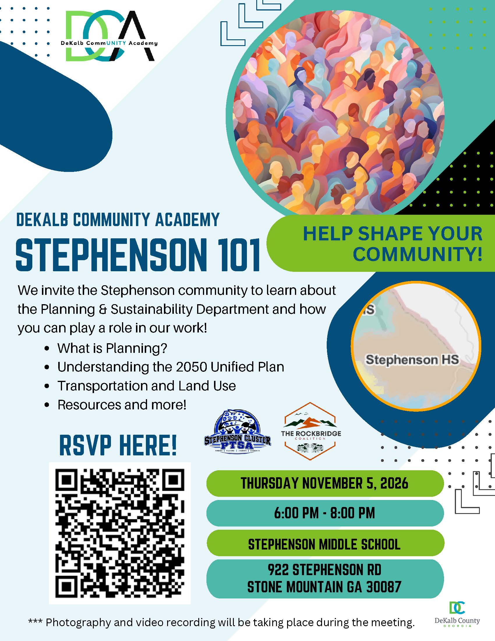 DeKalb Community Academy “Stephenson 101” flyer inviting residents to learn about the DeKalb County Planning & Sustainability Department and ways to help shape the community. Topics include what planning is, the 2050 Unified Plan, transportation and land use, and available resources. The event will be held Thursday, Nov. 5, 2026, from 6–8pm at Stephenson Middle School, 922 Stephenson Rd., Stone Mountain, GA 30087. The flyer also notes that photography and video recording will take place during the meeting. Registration is available through the linked image or the “Register to Attend” button.