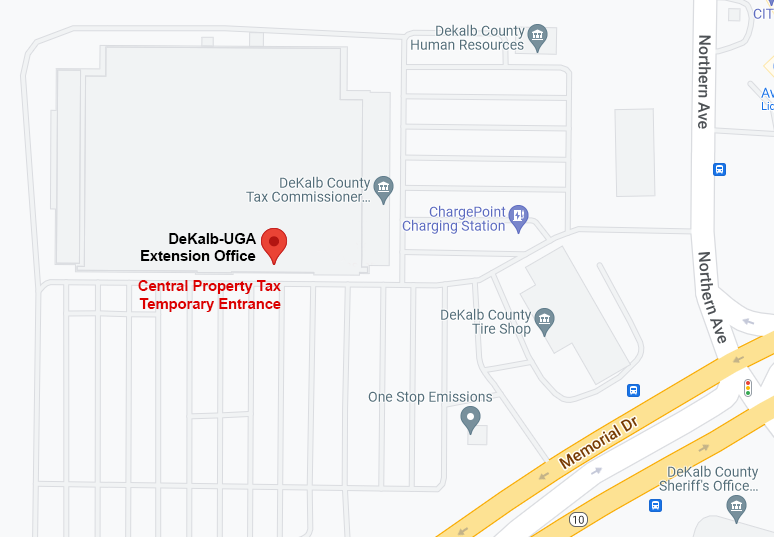 Map of the DeKalb County Central Property Tax Office area at 4380 Memorial Drive showing the temporary property tax entrance at the DeKalb-UGA Extension Office on the west side of the complex. Nearby landmarks include Northern Avenue, Memorial Drive, DeKalb County Human Resources, the Tax Commissioner’s Office, One Stop Emissions and the DeKalb County Sheriff’s Office.
