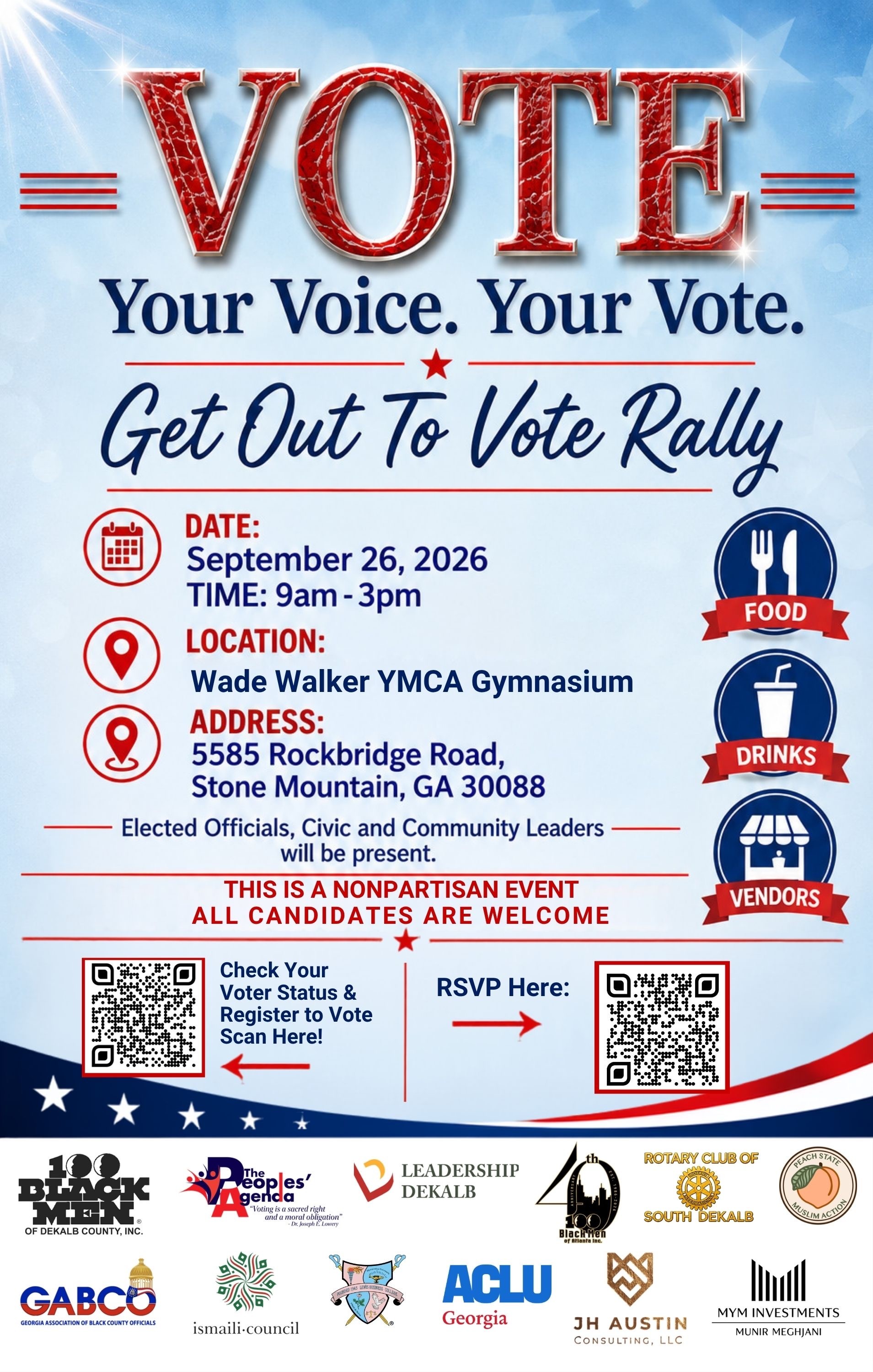 Get Out to Vote Rally flyer promoting a nonpartisan community event on Sat Sept. 26, 2026, from 9am–3pm at the Wade Walker YMCA Gymnasium, 5585 Rockbridge Rd., Stone Mountain, GA 30088. Elected officials, civic and community leaders will be present, and all candidates are welcome. The event will feature food, drinks and vendors. Two QR codes are provided: one to check voter registration status and register to vote, and another to RSVP.