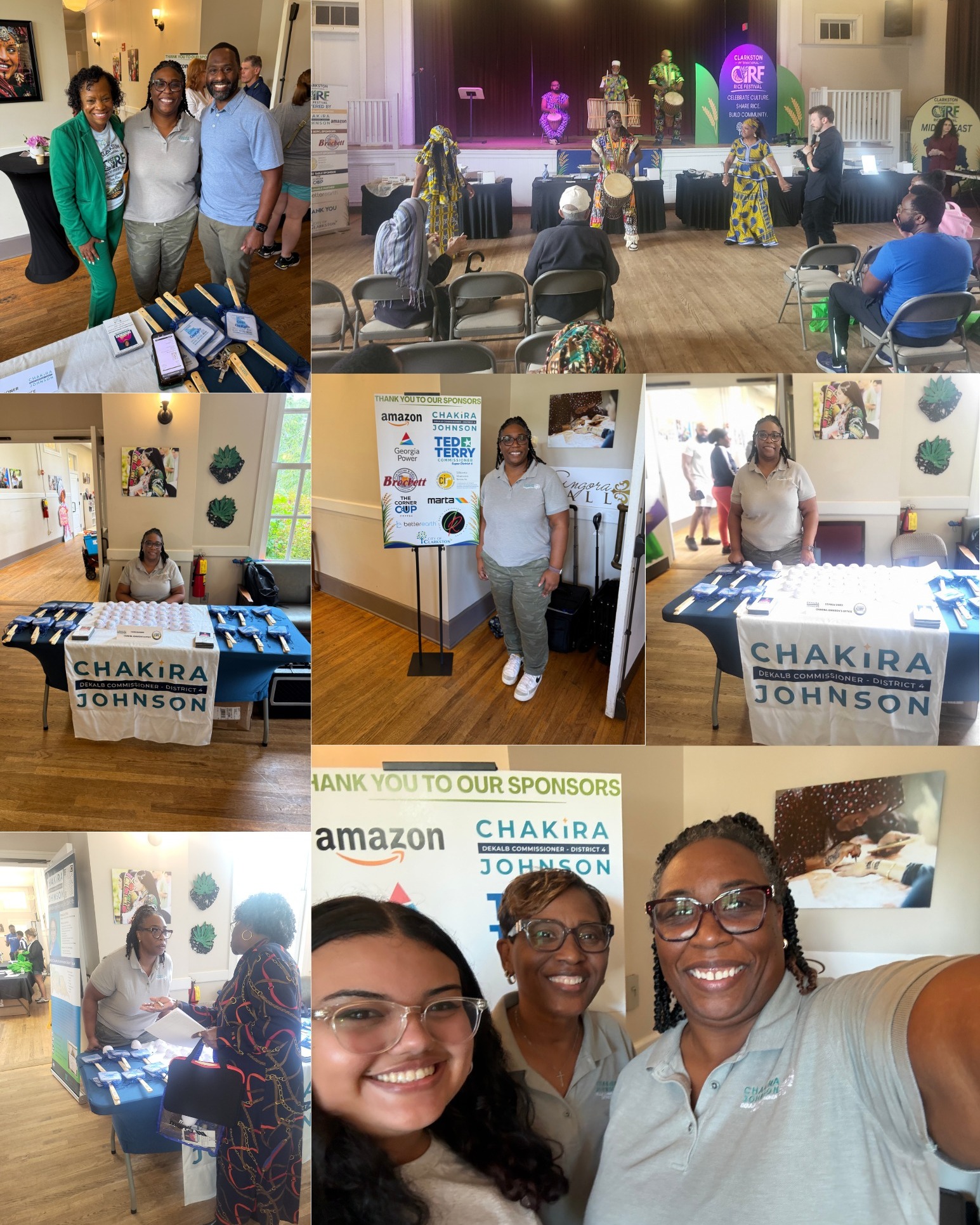 Seven-photo collage from the Clarkston International Rice Festival. Images show cultural performers playing drums and dancing onstage, District 4 representatives greeting attendees and sharing information at a Commissioner Chakira Johnson outreach table, and a sponsor display recognizing festival supporters. In the bottom-right photo, Community Outreach Coordinator Nicole Herranz, Chief of Staff Alesia Brooks and Presiding Officer Commissioner Chakira Johnson smile together for a selfie.
