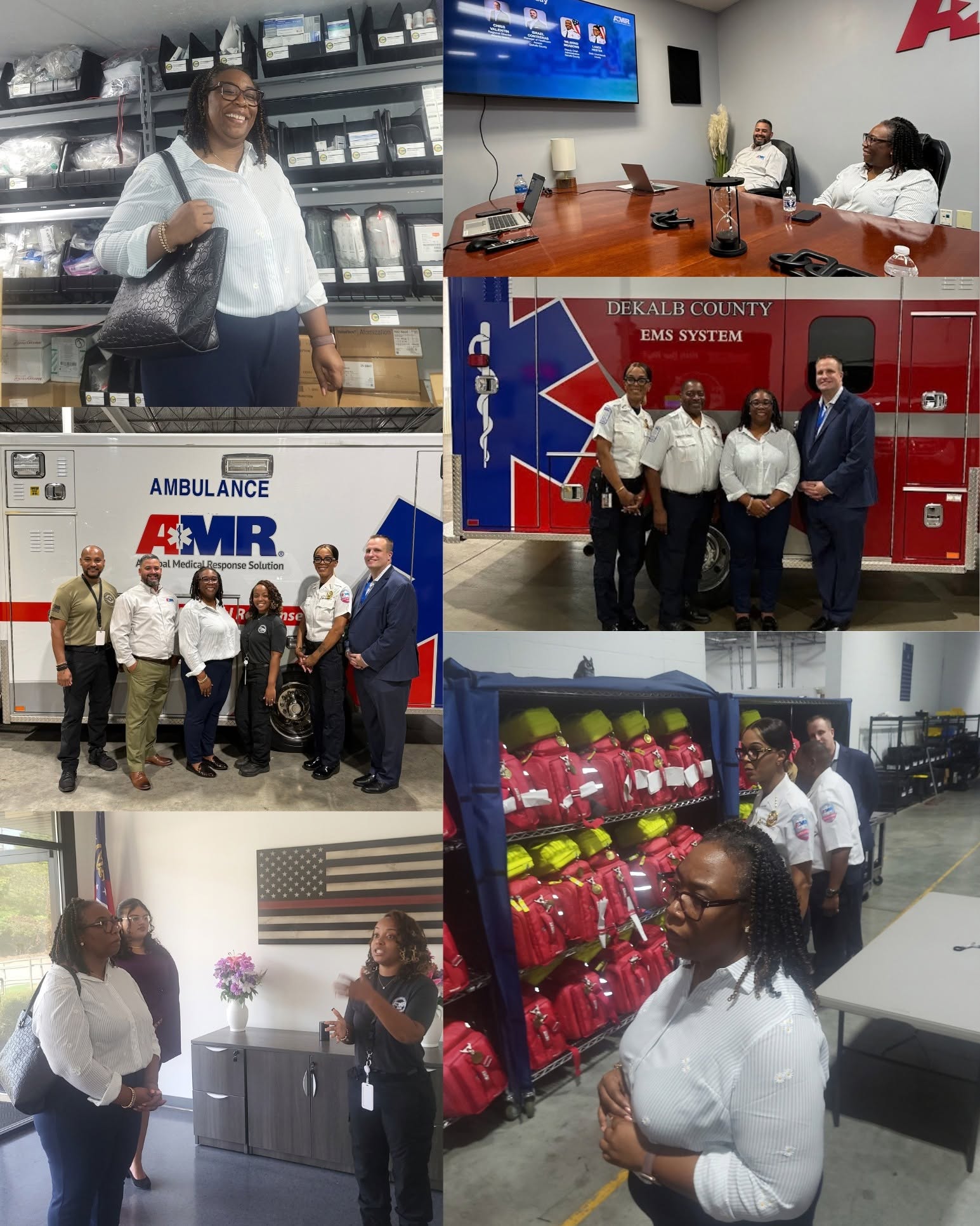 Six-photo collage from Presiding Officer Commissioner Chakira Johnson’s visit to American Medical Response. Commissioner Johnson tours shelves stocked with medical supplies, meets with AMR staff in a conference room, poses with emergency medical personnel beside AMR and DeKalb County EMS ambulances, and observes equipment and emergency-response gear used by medical crews.