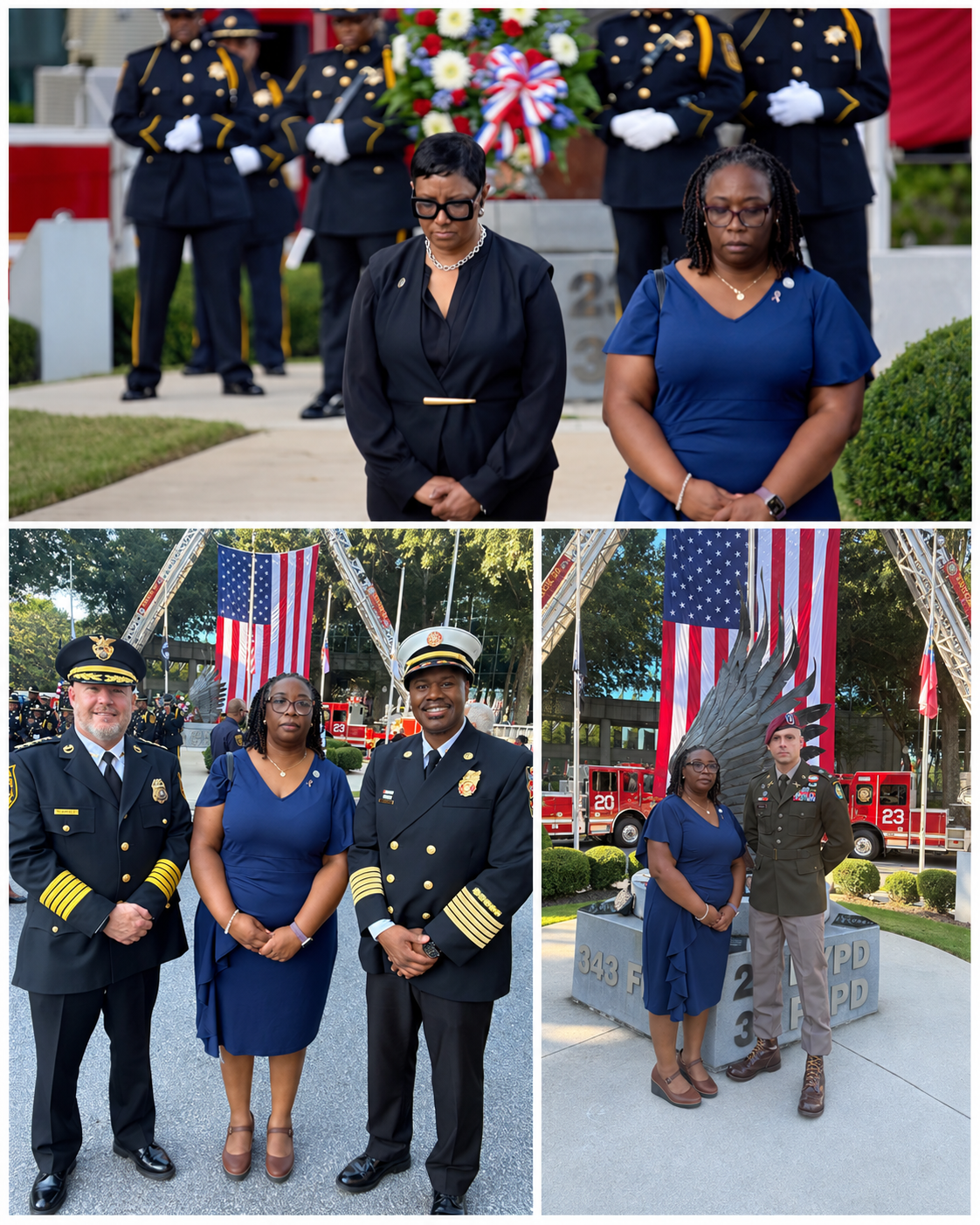 Three-photo collage from DeKalb County’s 9/11 Remembrance Ceremony. In the top image, DeKalb County CEO Lorraine Cochran-Johnson and Presiding Officer Commissioner Chakira Johnson stand with their heads bowed while an honor guard and memorial wreath appear behind them. Bottom left, Police Chief Gregory Padrick, Commissioner Johnson and Fire Rescue Chief Melvin Carter pose together in front of a large American flag, fire trucks and public safety personnel. Bottom right, Commissioner Johnson stands beside a uniformed service member at DeKalb County’s 9/11 Memorial, with the memorial’s winged sculpture, fire trucks and a large American flag in the background.