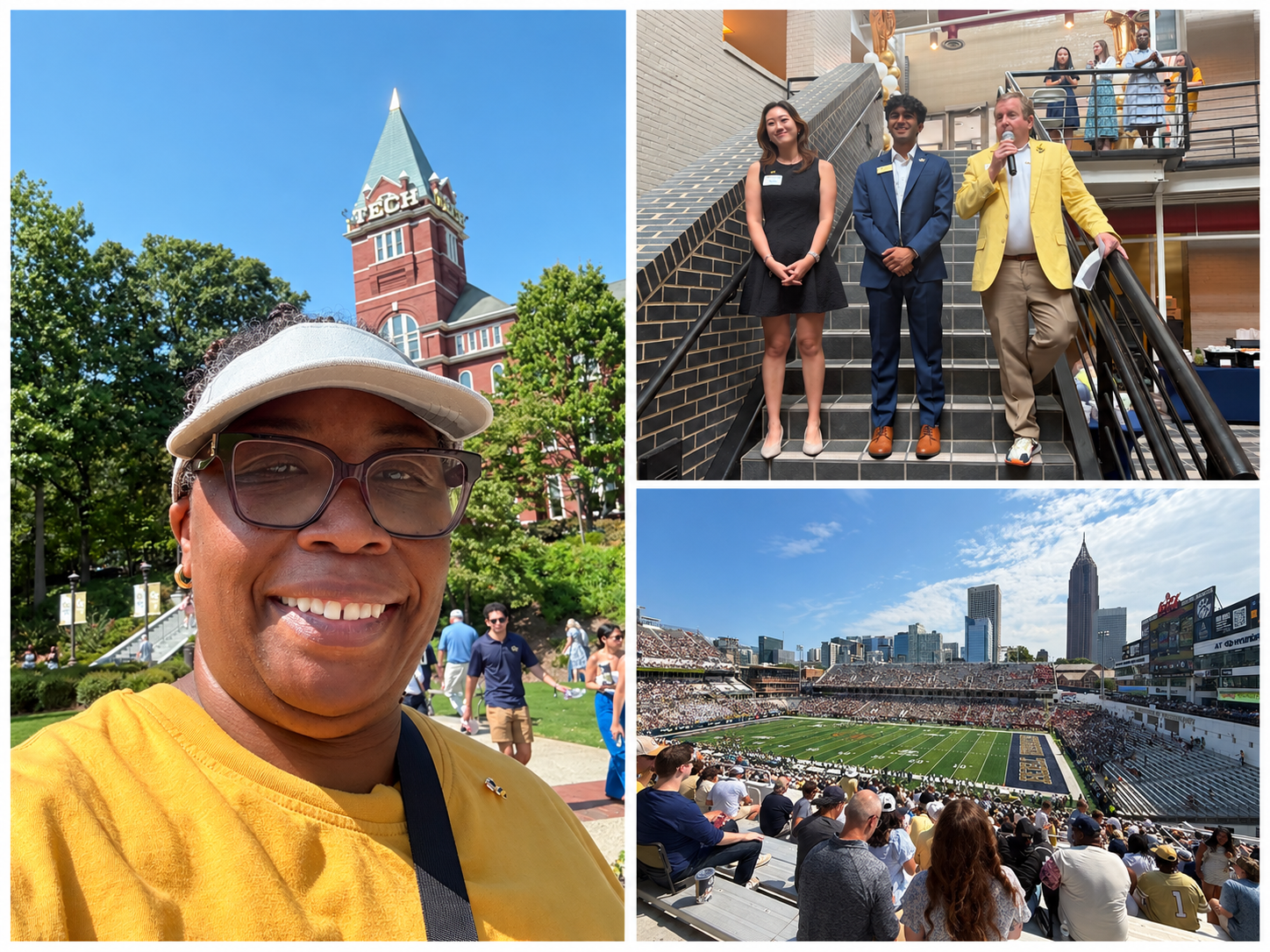 Three-photo collage from Georgia Tech Government Leaders Day. Left: a smiling Presiding Officer Commissioner Chakira Johnson takes a selfie on campus with Tech Tower in the background on a clear, sunny day. Top right: speakers stand on an indoor staircase during a program or reception while attendees look on from an upper level. Bottom right: a wide view of Bobby Dodd Stadium during the Georgia Tech football game, with fans in the stands and the Atlanta skyline in the background.