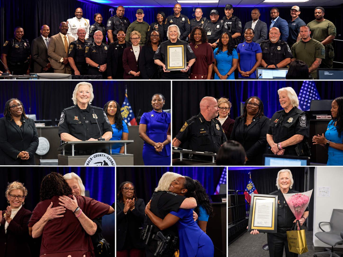 Six-photo collage honoring Master Police Officer Gale Karabeika for 50 years of service with the DeKalb County Police Department. The top image shows Karabeika holding a framed proclamation while surrounded by DeKalb County commissioners, police officers and other County officials. Additional photos show Karabeika speaking at a DeKalb County podium; Police Chief Gregory Padrick smiling toward her as CEO Lorraine Cochran-Johnson, District 2 Commissioner Michelle Long Spears and Presiding Officer Commissioner Chakira Johnson stand nearby; Karabeika embracing Commissioner Mereda Davis Johnson and Commissioner Dr. LaDena Bolton; and Karabeika smiling while holding her framed proclamation, flowers and a gold “Difference Maker” gift bag.