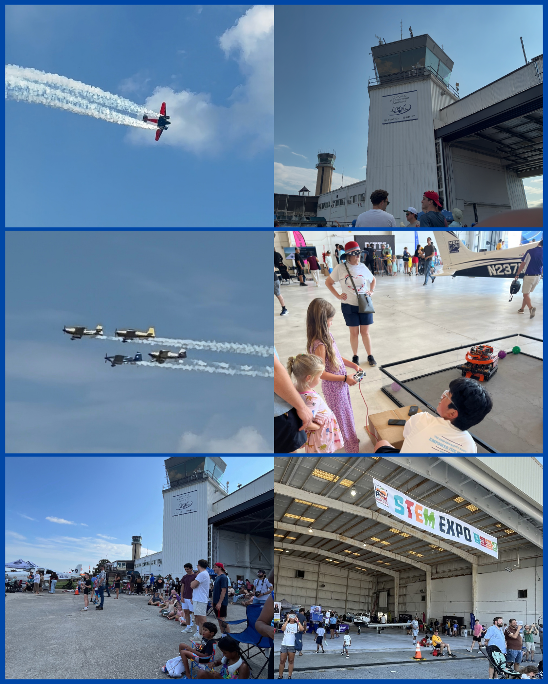 Collage of photos from the PDK STEM Expo and airshow at DeKalb Peachtree Airport. Images show aircraft flying overhead with smoke trails, spectators gathered near the airport control tower, a formation flight in the sky, children participating in a hands-on robotics activity inside a hangar, and a wide view of the STEM Expo setup inside the hangar.