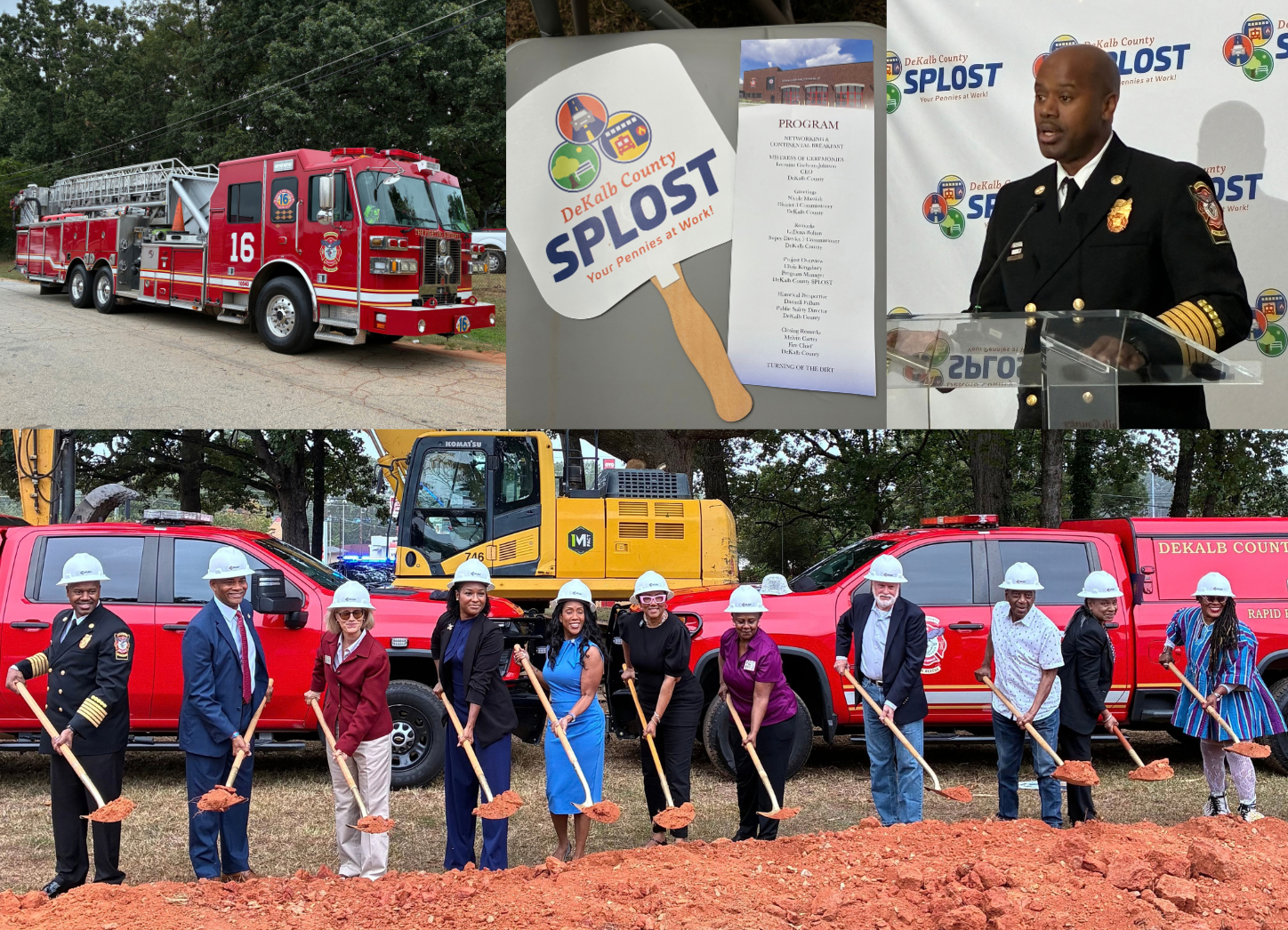 Four-photo collage from the groundbreaking of DeKalb County’s new SPLOST-funded Fire Station No. 16. Images show a red DeKalb County Fire Rescue ladder truck marked “16”; a DeKalb County SPLOST sign and groundbreaking program featuring a rendering of the future station; Fire Rescue Chief Melvin Carter speaking at a podium; and County officials, public safety leaders and community representatives wearing hard hats and holding ceremonial shovels in front of fire rescue vehicles and construction equipment.