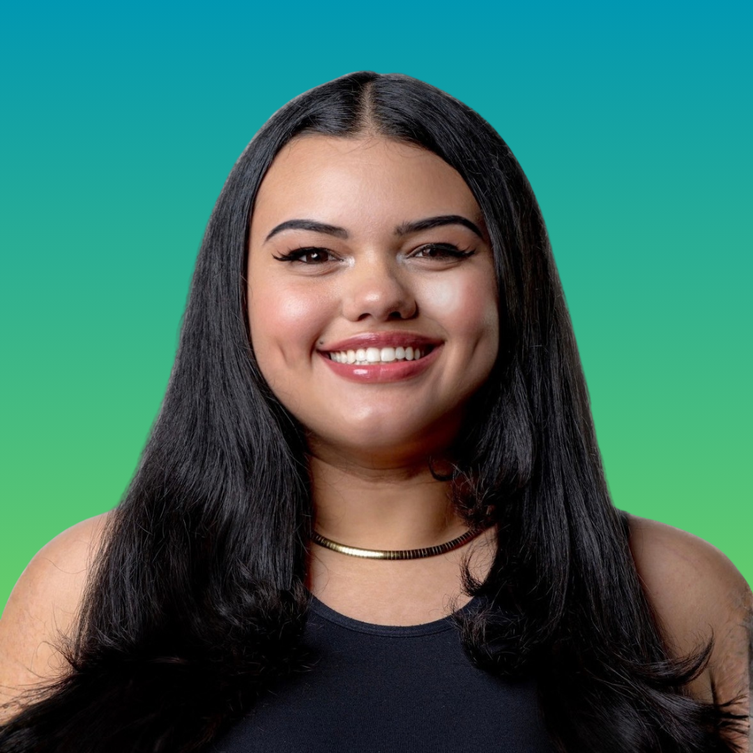 Headshot of Community Outreach Coordinator Nicole Herranz smiling against a teal-to-green gradient background.