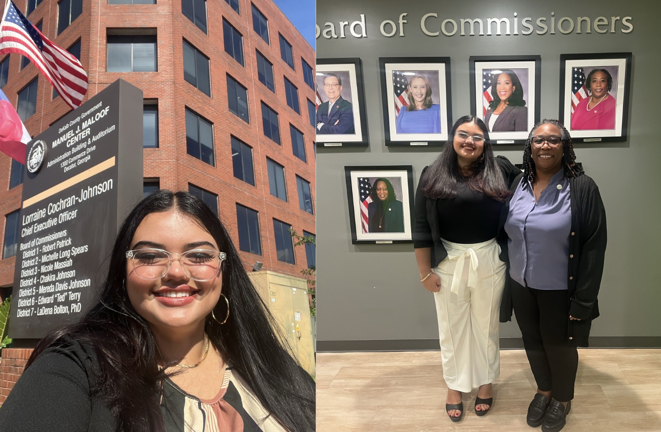 Two-photo collage featuring District 4 Community Outreach Specialist Nicky Herranz. Left: Herranz takes a selfie outside the DeKalb County Maloof Administration Building beside signage listing County leadership. Right: Herranz poses with Presiding Officer Commissioner Chakira Johnson in front of the Board of Commissioners portrait wall.