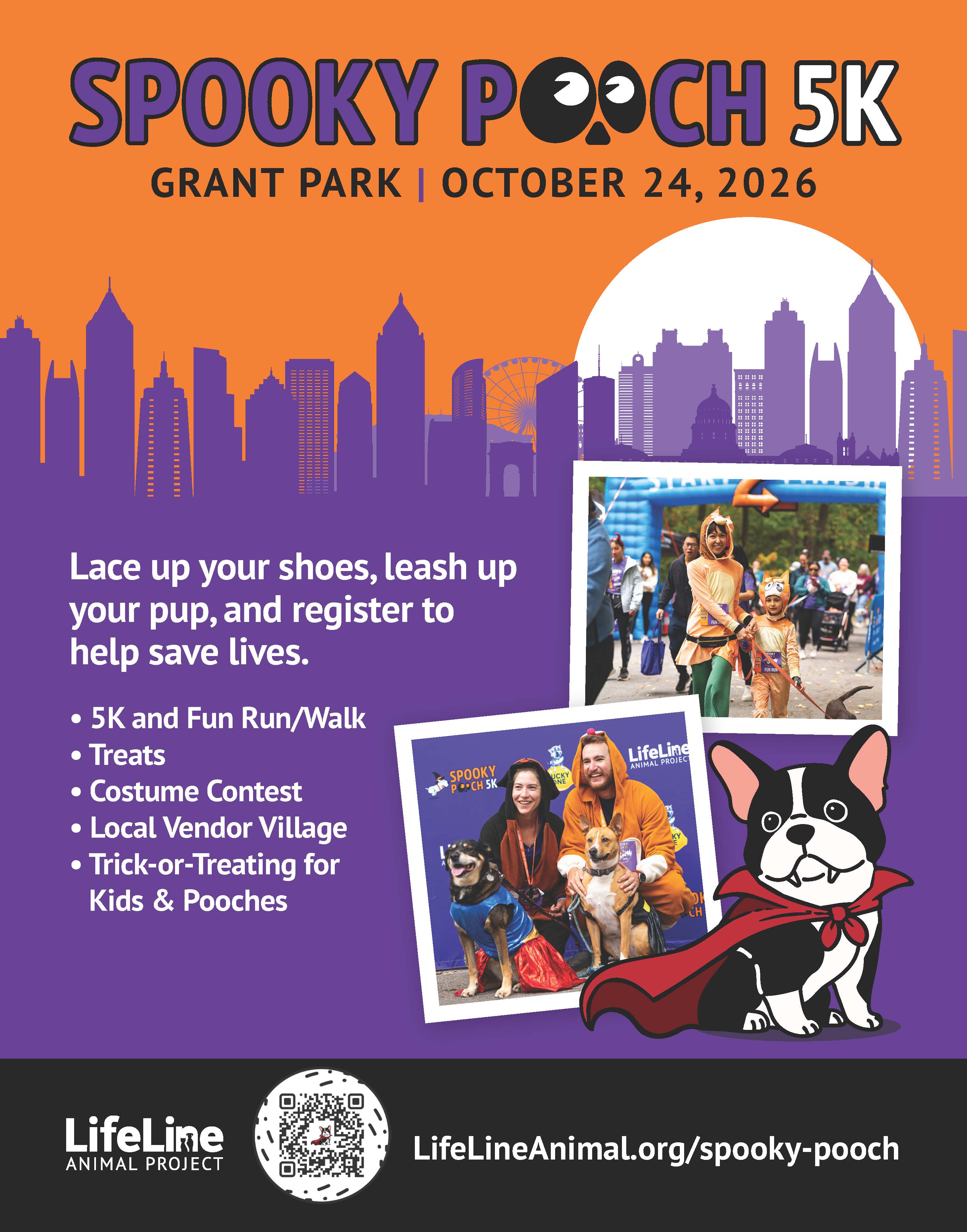 LifeLine Animal Project Spooky Pooch 5K flyer for Oct. 24, 2026, at Grant Park. The event features a 5K and fun run/walk, treats, a costume contest, local vendor village, and trick-or-treating for kids and dogs. The flyer shows costumed participants with dogs and a cartoon dog dressed as a vampire. Register at LifeLineAnimal.org/spooky-pooch.