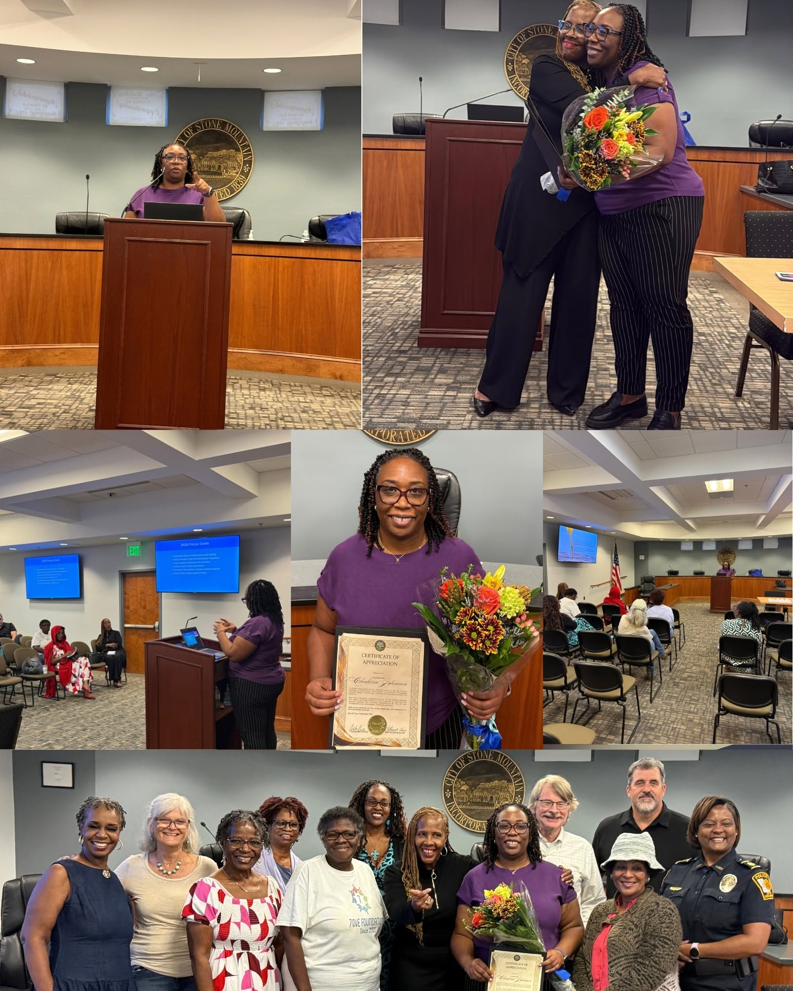 Six-photo collage from the City of Stone Mountain Ambassadors’ “A Year in Review” meeting. Images show Presiding Officer Commissioner Chakira Johnson speaking at the podium, addressing attendees and receiving flowers and a Certificate of Appreciation recognizing her service and leadership in the City of Stone Mountain. The collage also includes Johnson embracing an attendee, posing with the certificate and bouquet, and standing with community members and local leaders for a group photo.