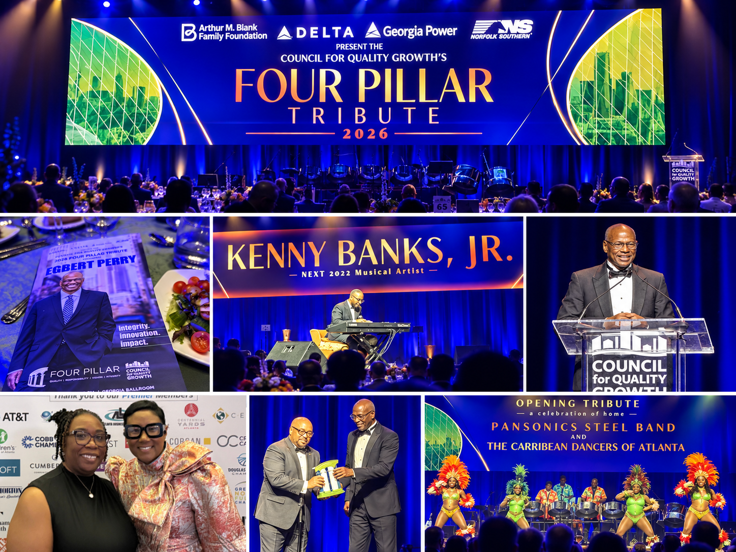 Collage from the Council for Quality Growth’s 37th Annual Four Pillar Tribute honoring Egbert Perry. Images show the event stage and program, musical performances, Perry speaking and receiving recognition, and Commissioner Chakira Johnson posing with another attendee.