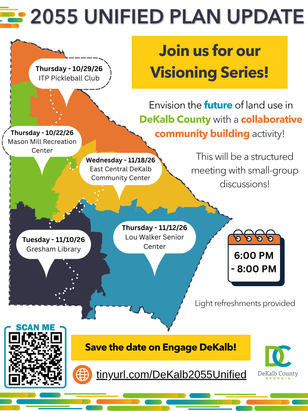 2055 Unified Plan Update Visioning Series flyer listing five community meetings, all from 6–8pm: Oct. 22 at Mason Mill Recreation Center; Oct. 29 at ITP Pickleball Club; Nov. 10 at Gresham Library; Nov. 12 at Lou Walker Senior Center; and Nov. 18 at East Central DeKalb Community Center. Meetings will feature collaborative community-building activities and small-group discussions about the future of land use in DeKalb County. Light refreshments will be provided, with a QR code and link to save the dates on Engage DeKalb.
