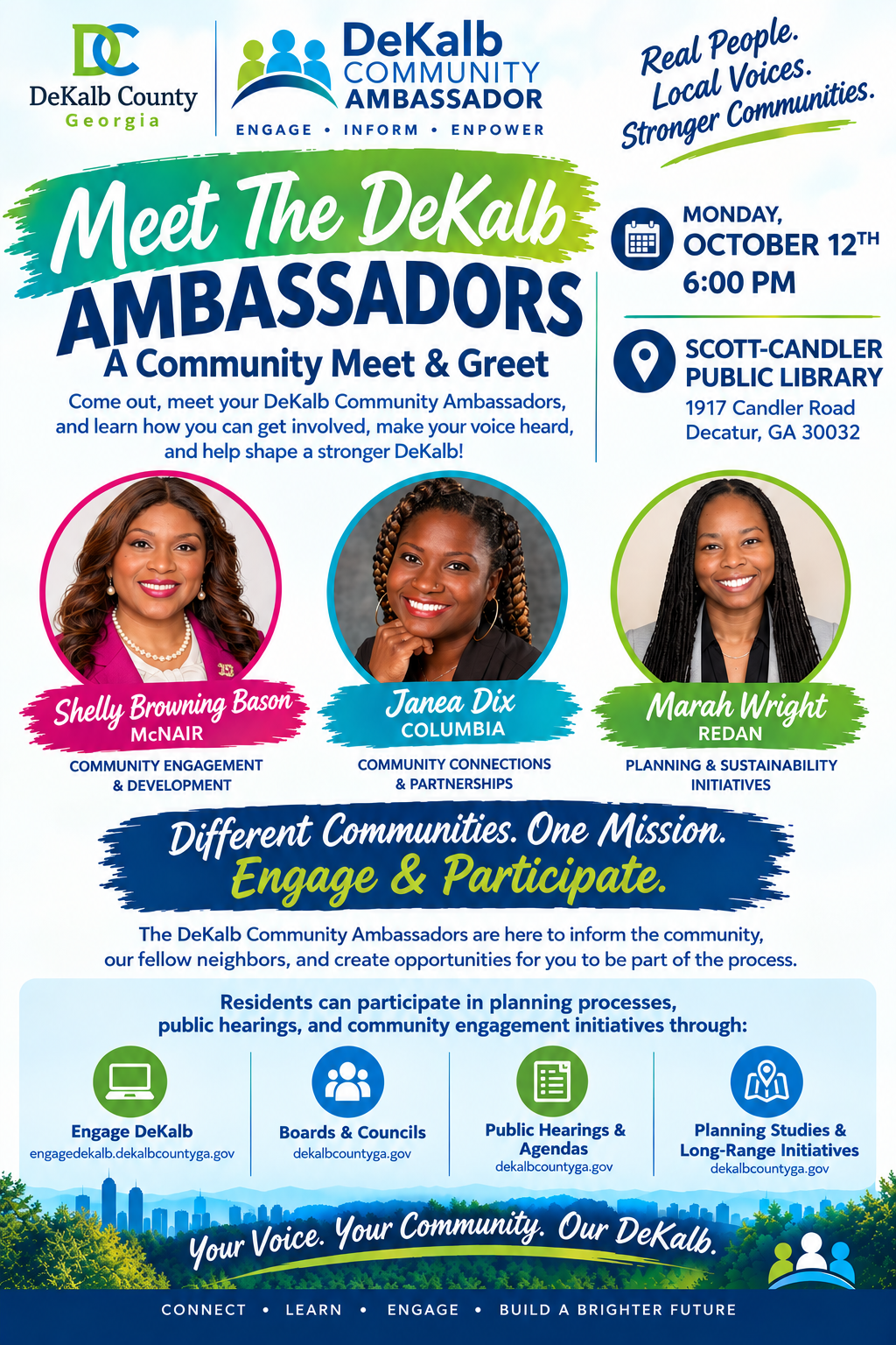 DeKalb Community Ambassador meet-and-greet flyer for Monday, Oct. 12 at 6pm at Scott-Candler Public Library, 1917 Candler Rd., Decatur, GA 30032. Residents are invited to meet Community Ambassadors Shelly Browning Bason of McNair, focused on community engagement and development; Janea Dix of Columbia, focused on community connections and partnerships; and Marah Wright of Redan, focused on planning and sustainability initiatives. The event encourages residents to learn how to get involved and make their voices heard through Engage DeKalb, boards and councils, public hearings and agendas, and planning studies and long-range initiatives.