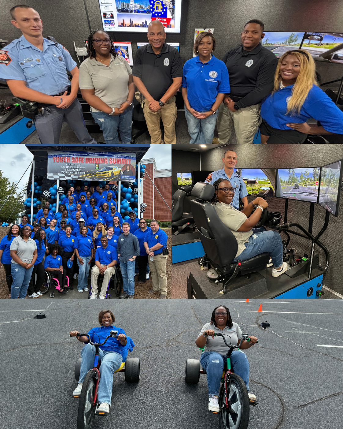 Four-photo collage from the 2nd Annual Youth Safe Driving Summit. Top: Presiding Officer Commissioner Chakira Johnson, wearing a light gray polo, poses with Solicitor-General Donna Coleman-Stribling and public safety representatives inside a driving-simulator trailer. Middle left: Johnson stands with event staff and community partners beneath the Youth Safe Driving Summit banner. Middle right: Johnson sits at the wheel of a driving simulator with a public safety representative nearby. Bottom: Johnson and Coleman-Stribling smile while riding three-wheeled cycles on a closed course at the event.